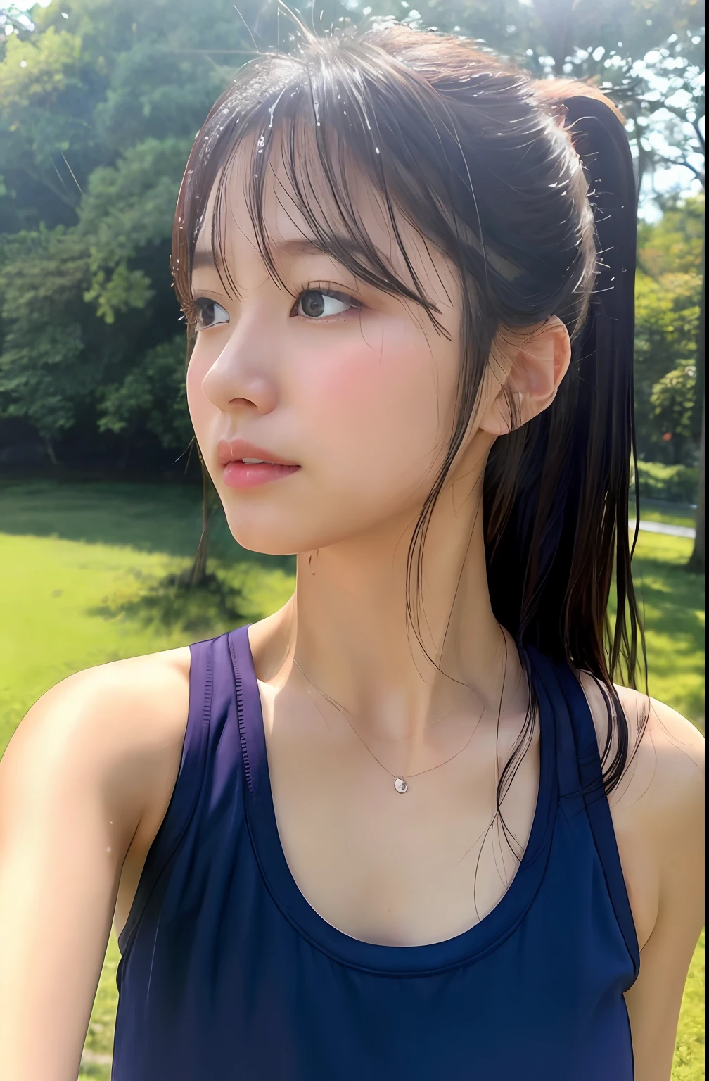 Close up portrait of woman walking in park in gym clothes、Japan Person Model、Young Sensual Gravure Idol、Young cute gravure idol、Realistic Young Gravure Idol、Realistic sensual gravure idol、Young gravure idols、sophisticated gravure idol、奈良美智、Young skinny gravure idol、beautifull asian girl ever、oppai、I got wet in the rain、The whole body is soaking wet、