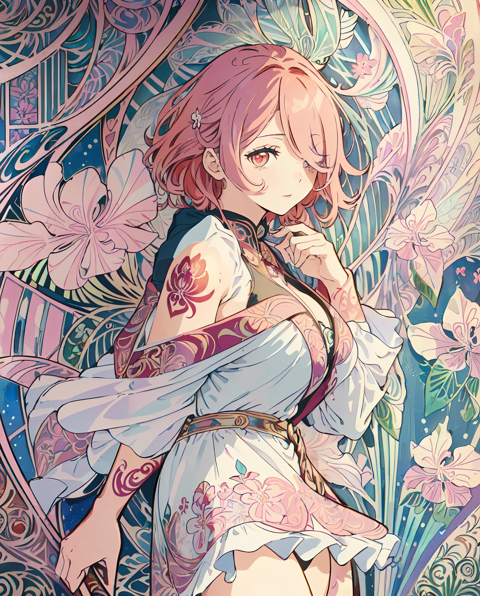 1girl,detailed background,Maximalism,masterpiece, best quality,(flower effects, water effects:1.2), (art nouveau:1.5), (zentangle:1.3), adult, (tattoo:1.4),large breasts, deep ruby red eyes,(cyclamen pink hair),messy hair,short hair, (hair over one eye:1.3),(happy:1.2),crimson red jacket off shoulder,(white dress)