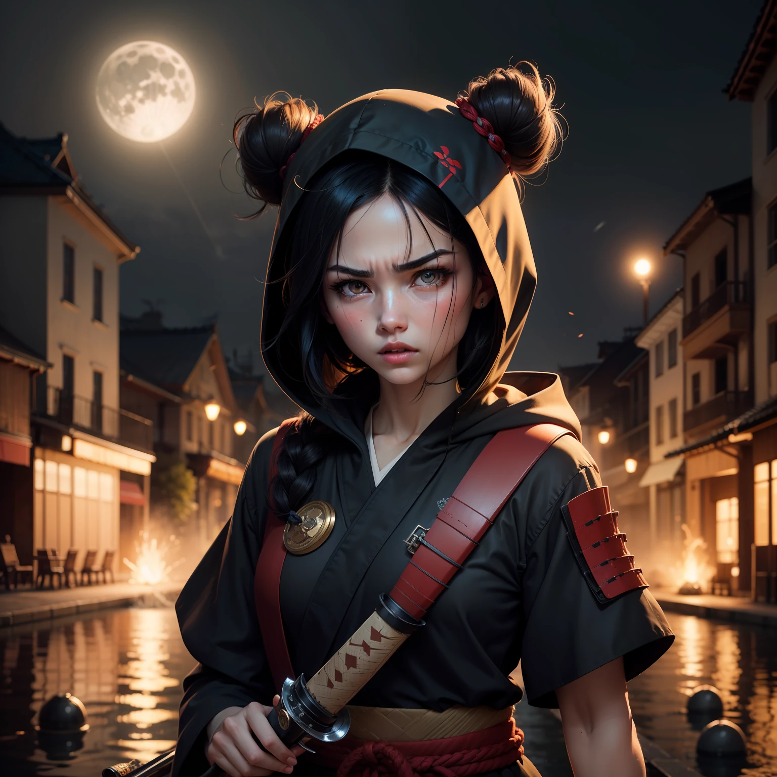 black hair, battle worn, samurai, pretty, delicate face, beautiful hot girl, anger, holding katana, amid fight, under the moonlight, double bun, floating hair, hood down, dilated pupils, glaring, eyebrows behind hair, ringed eyes, v-shaped eyebrows, holding breath, endured face, frustrated, Surrealism, ray tracing, reflection light, motion lines, blurry foreground, night time, perspective, panorama, Canon, Fujifilm, 8k, super detail, best quality, UHD
