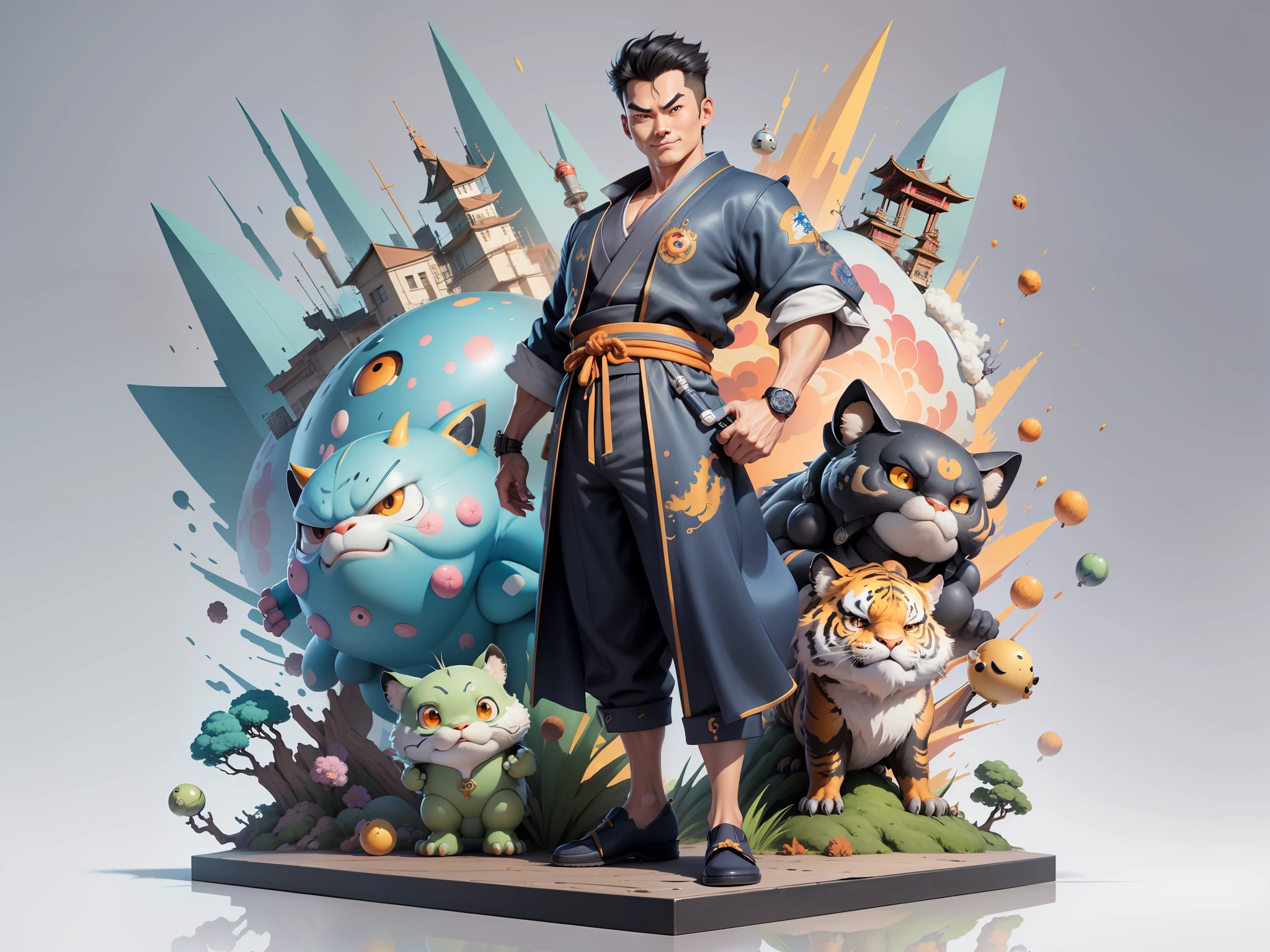 (Masterpiece), (Excellent), (Super Meticulous), (Full Body: 1.2), Super Young Man, Oriental Face, Japanese Kimono, Japanese Wind Thunder God, Dragon, Tiger, TV Anchor, Bust Portrait Illustration, Alone, Black Suit, Blue Tie, Slightly Chubby Face, Very Clean Face, No Beard, Black Super Short Hair, Black Eyes, Confident Smile, 3c Computer Sub-Products, iPad, iPhone, Digital Painting, 3D Character Design by Akira Toriyama and Mark Claireden and Pixar and Hayao Miyazaki, The illustration is a high-definition illustration in 4K resolution with very detailed facial features and cartoon-style visuals.