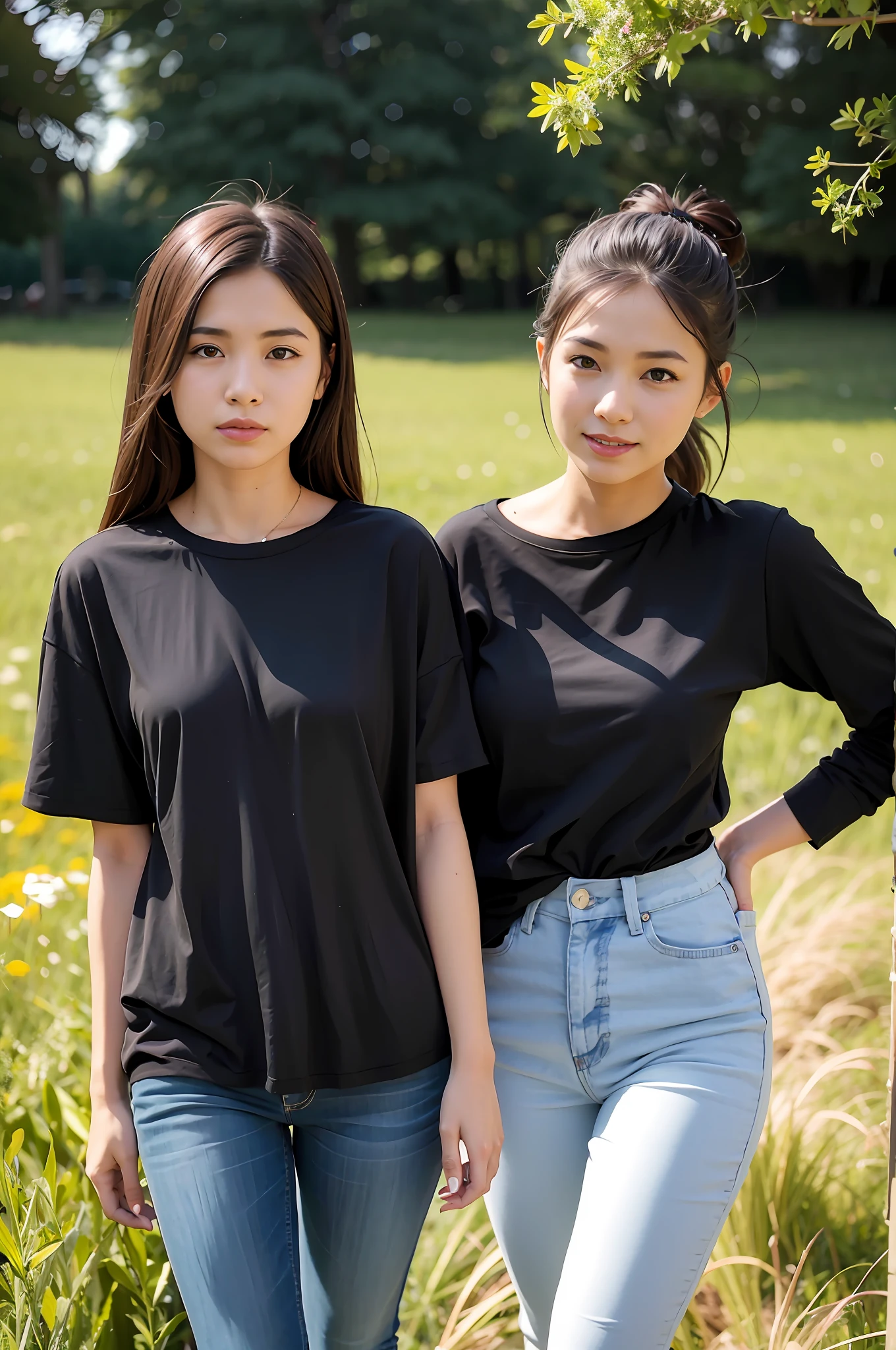 Two women stand side by side in the field, Wearing a black T-shirt, black t-shirts, wearing a black t-shirt, modern casual clothing, With black, casual clothing style, wearing a black t-shirt, Black T-shirt with, Black T-shirt, casual modern clothing, casual black clothing, Black shirt, korean women's fashion model, Wearing a black shirt