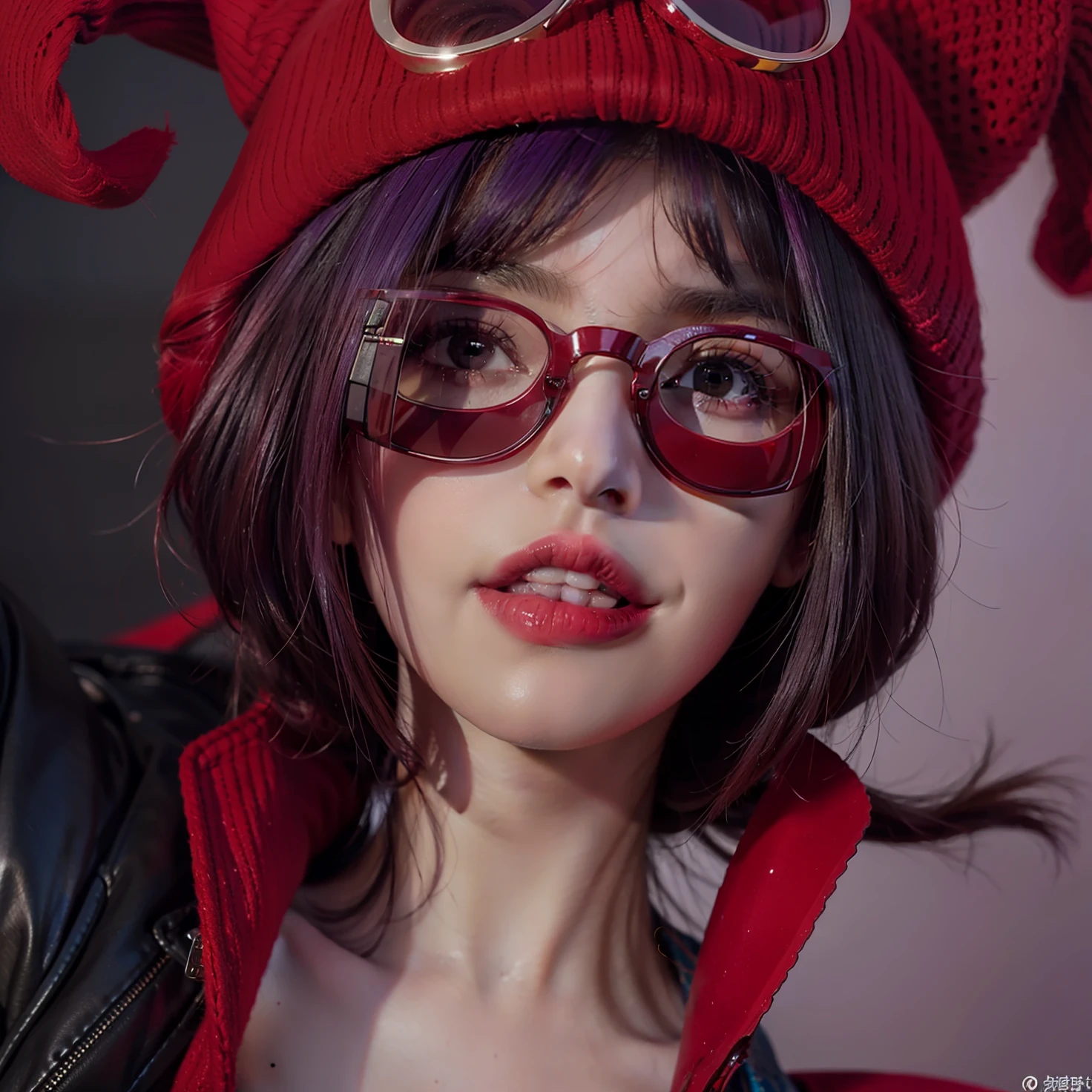 girl eye glasses,red cockscomp,purple hair detail,red lens glasses,no eye only eye glassses