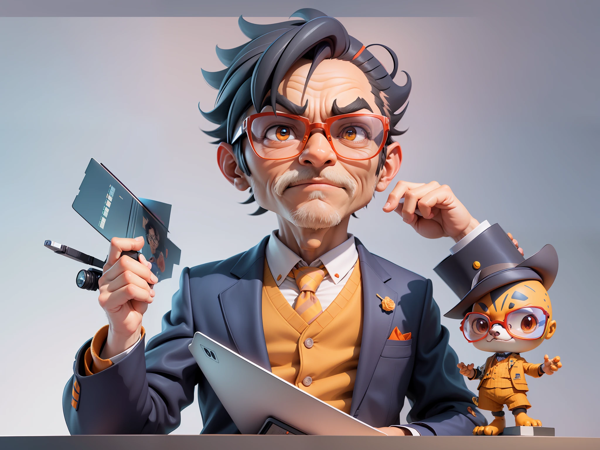 A young man in a suit, Short hair and glasses sat at his desk,holding laptop,digitial painting,tigre,3D character design by Mark Clairen and Pixar and Hayao Miyazaki and Akira Toriyama,4K HD illustration,Very detailed facial features and cartoon-style visuals。