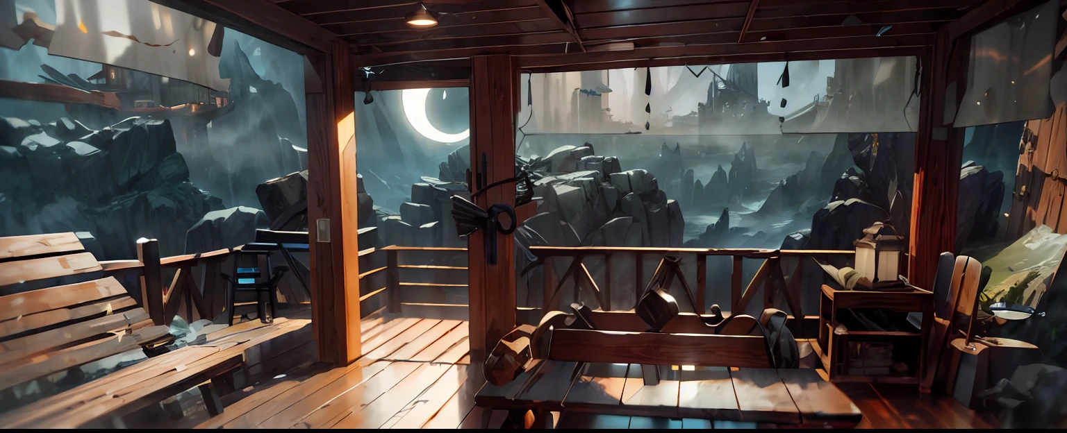 There is a wooden porch with benches and wooden stools, cinematic establishing shot, Unreal Engine 5 environment, atmospheric establishing shot, Wide-angle lens of the cabin interior, shot from cinematic, still frame from a movie, realistic establishing shot, cinematic unreal engine 5, detailed unreal engine 5 render, screenshots from movies, illusory engine. cinematic Film still from, fantasy movie still,Gipley painting style,Miyazaki painting style