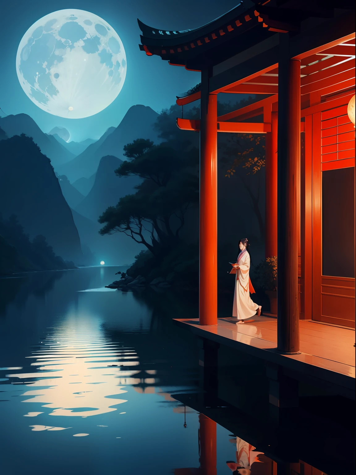 Minimalist illustrations of Chinese ladies, classical, Chinese Zen, minimalism, Chinese animation, Tang dynasty, landscape painting, red and classical blue gradient, a night scene with three people walk through a Chinese porch, water reflection ,moon, zen-like tranquility