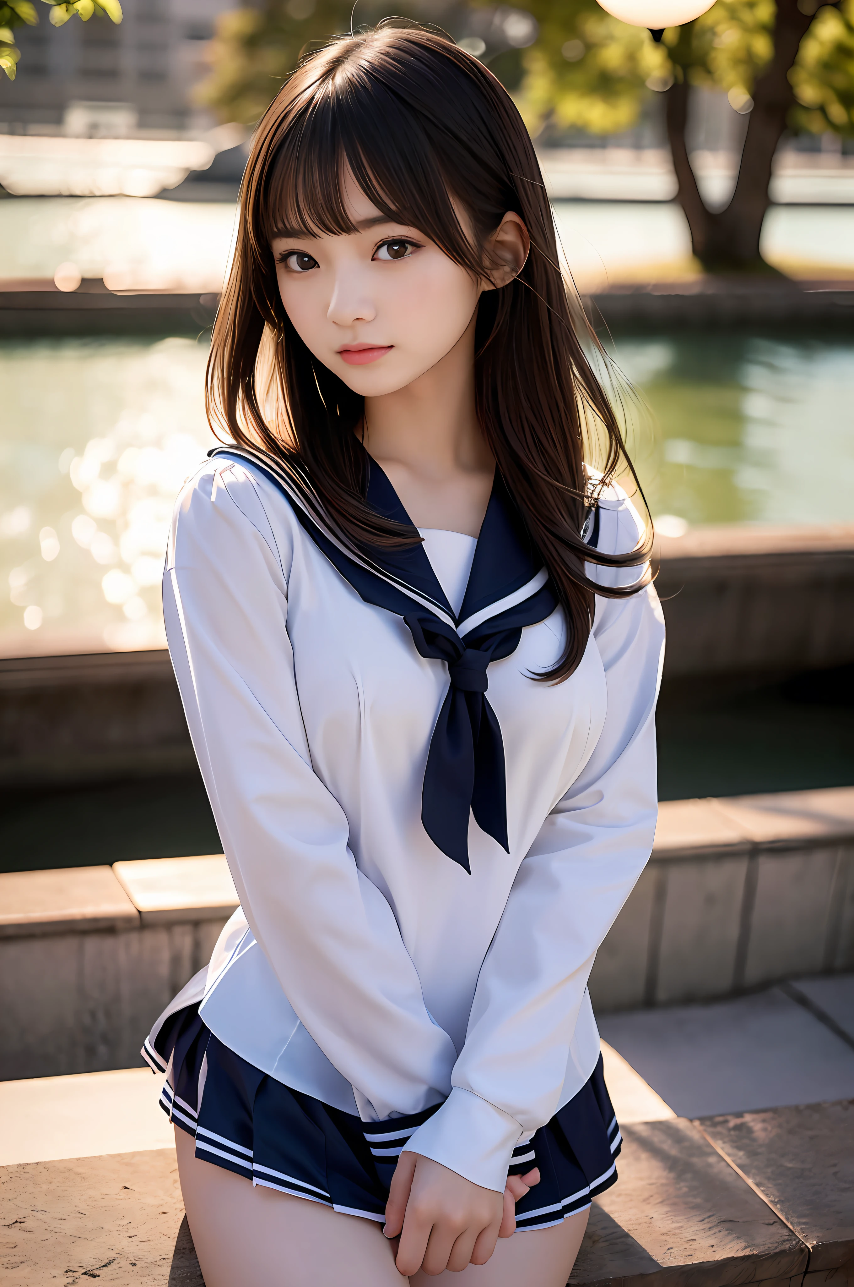 masterpiece, best quality, photorealistic, raw photo, DSLR, beautiful Japanese girl, -yeld, s, highly detailed fair skin, shiny skin, realistic face, beautiful face, (highly detailed realistic eyes), beautiful eyes, bright eyes, double eyelids, look at viewer, (black short hair), (dark short hair), bangs, disheveled hair, slim figure, slim face, big breasts, ((highly detailed sailor uniform)), beautiful lighting, perfect lighting, realistic shadows, highly detailed, highly delicate and beautiful, ultra high resolution, 8k UHD wallpaper,
