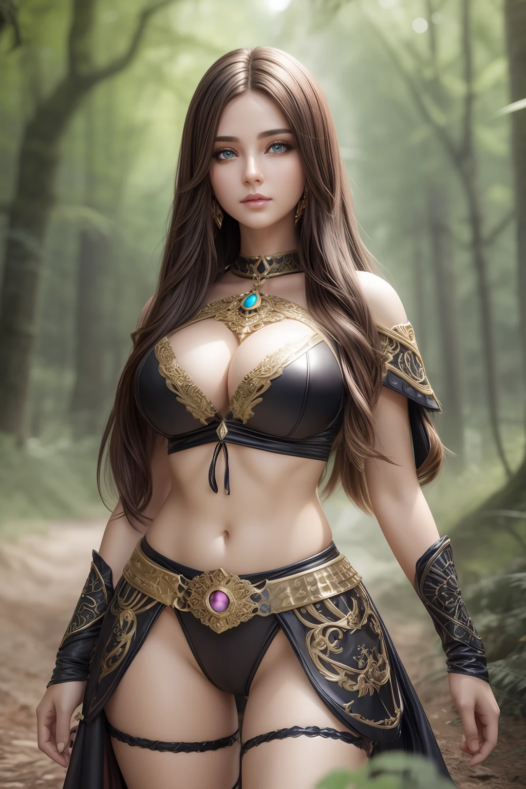 stunning girl, wearing a two piece fantasy outfit, ((huge bust)), long hair, mushroom fantasy world, camera, symmetrical eyes, symmetrical face, photorealistic, photography, path tracing, specular lighting, volumetric face light, path traced hair, visible shadows, intricate, elaborate, fantasy