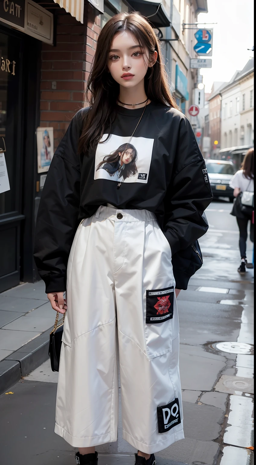 Masterpiece, a realistic beautiful woman wearing streetwear,town