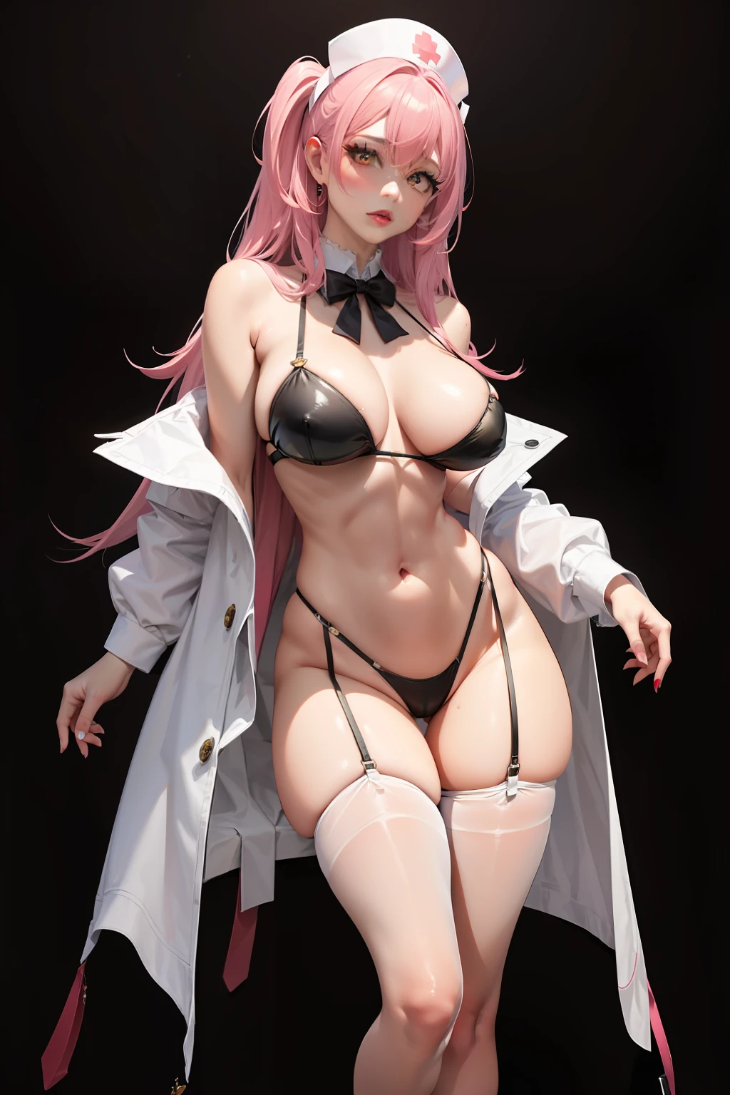 Great work,tmasterpiece,Ultra photo realsisim,hyper-detailing,ultra - detailed,1girll,Cute face,Delicate makeup(Heavy makeup),slim toned body,Big breasts semi-leakage,Wear pink and white sexy nurse clothes and matching accessories,stocklings,耳Nipple Ring,lipsticks,Visiting actions,full body detailing,Full body photo,Dark colors,with black background,Wallpapers