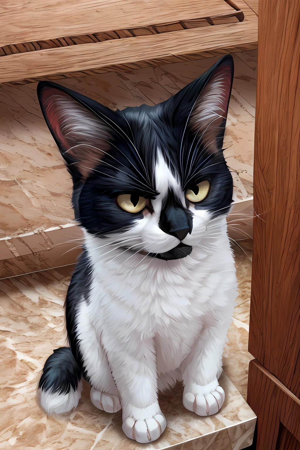 Leo, black and white cat, wearing only a yellow apron, standing upright, looking annoyed, cute paws for hands, in a kitchen, high quality, high resolution, upper body shot, portrait, black lower lip,
