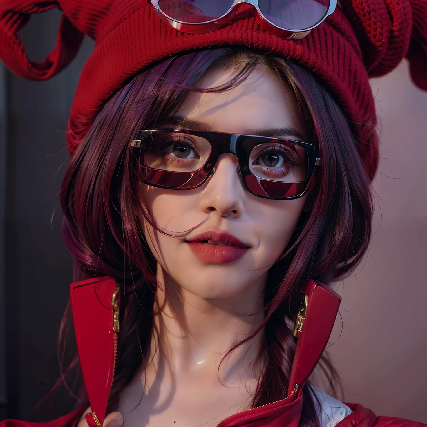 girl eye glasses,red cockscomp,purple hair detail,red lens glasses