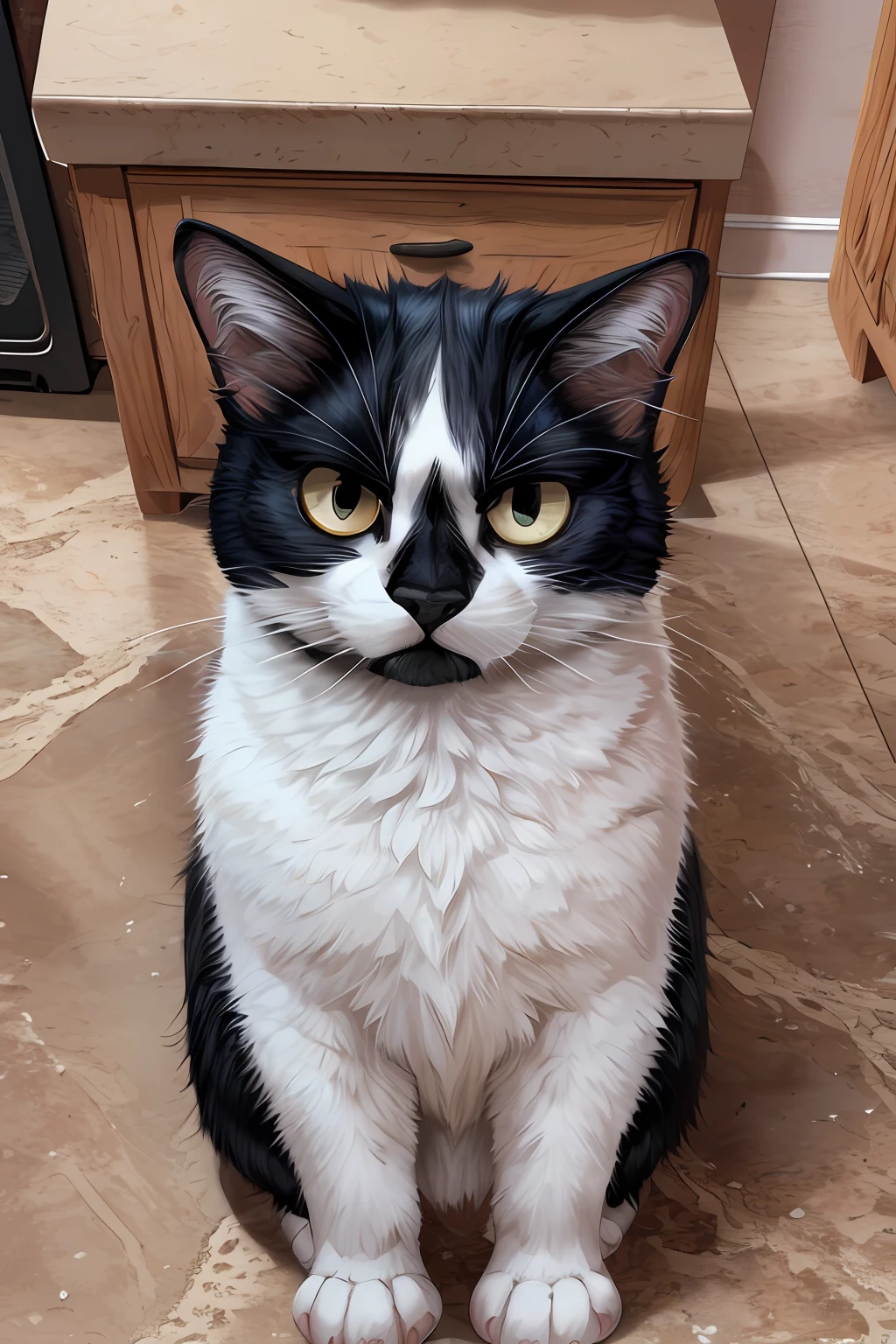 Leo, black and white cat, wearing only a yellow apron, standing upright, looking annoyed, cute paws for hands, in a kitchen, high quality, high resolution, upper body shot, portrait, black lower lip,