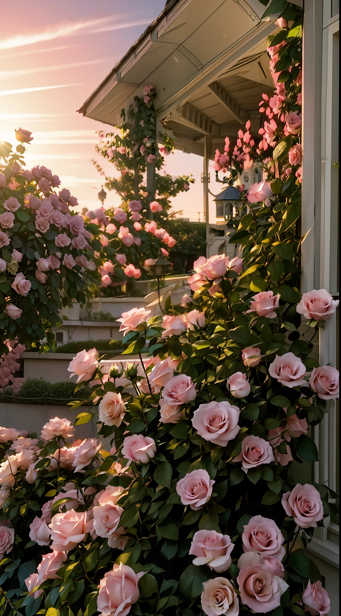 there is a bush of pink roses growing outside of a house, beautiful and aesthetic, with soft pink colors, beautiful aesthetic, roses in cinematic light, lush flowery outdoors, nature and floral aesthetics, rose garden, roses, portal made of roses, beautiful image, rosses, dreamy aesthetic, in a cottagecore flower garden, pink golden hour