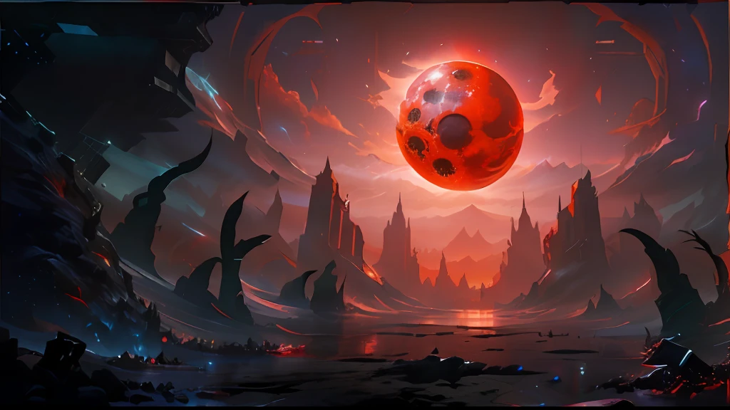 Territory, Sky Burial, Horror，a red and black picture of a giant red ball in a city, blood moon tentacles!!, dramatic concept art, dota! matte painting concept art, matte painting arcane dota pixar, a large sphere of red energy, vortex portal banish the elders, amazing d & d dark sun art, red rising planet, black orb of fire, studying a hell open rift portal