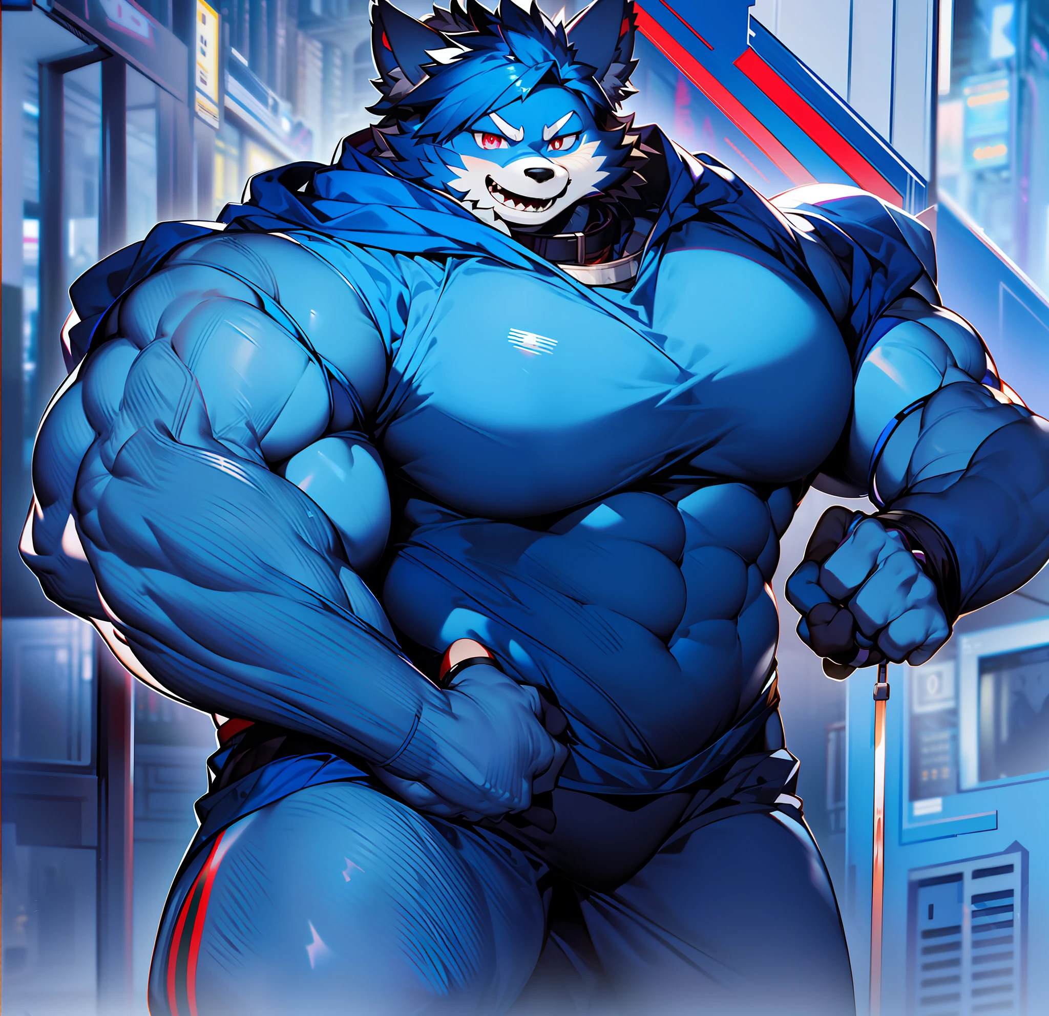 coyote，Furry，Blue hair，musculature，Muscle men，nakeness，Strong，ultraclear，Has a large ，Collar，Black  shorts，Black sclera，red pupils，Abs，Yellow coat，The erection，Collar，Has a large ，der riese，tit，Solo，Stout arms，Storm jacket，Badge，Pronounced abs，ssmile，subway station background，Urban style，hold fists,Big ，Blue hood，Robe，mitts，Blue shoes，red striped，Handsome expression，Pronounced abs，Blood-red pupils，short white pants，cloaks