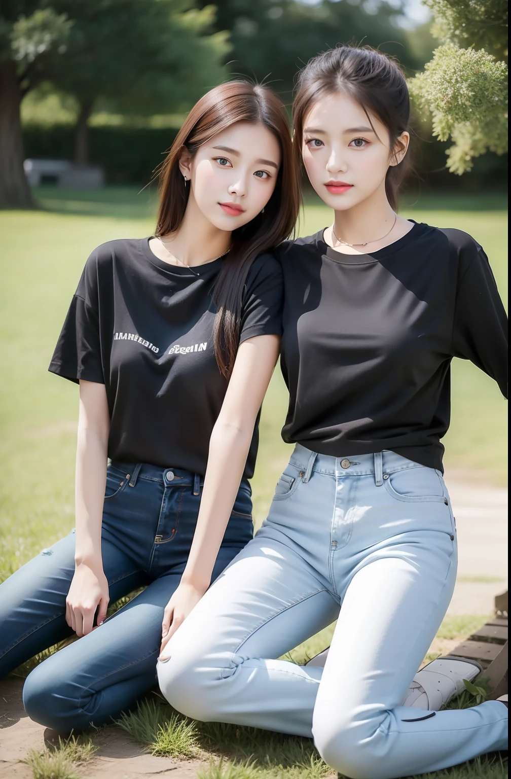 Two young women sit on the ground next to a tree, casual clothing style, casual modern clothing, modern casual clothing, Wearing a black T-shirt, korean women's fashion model, wearing a black t-shirt, Casual clothing, wearing tight simple clothes, Simple clothes, jeans and t shirt, Casual clothes, black t-shirts, wearing a black t-shirt, With black, wearing casual cloths