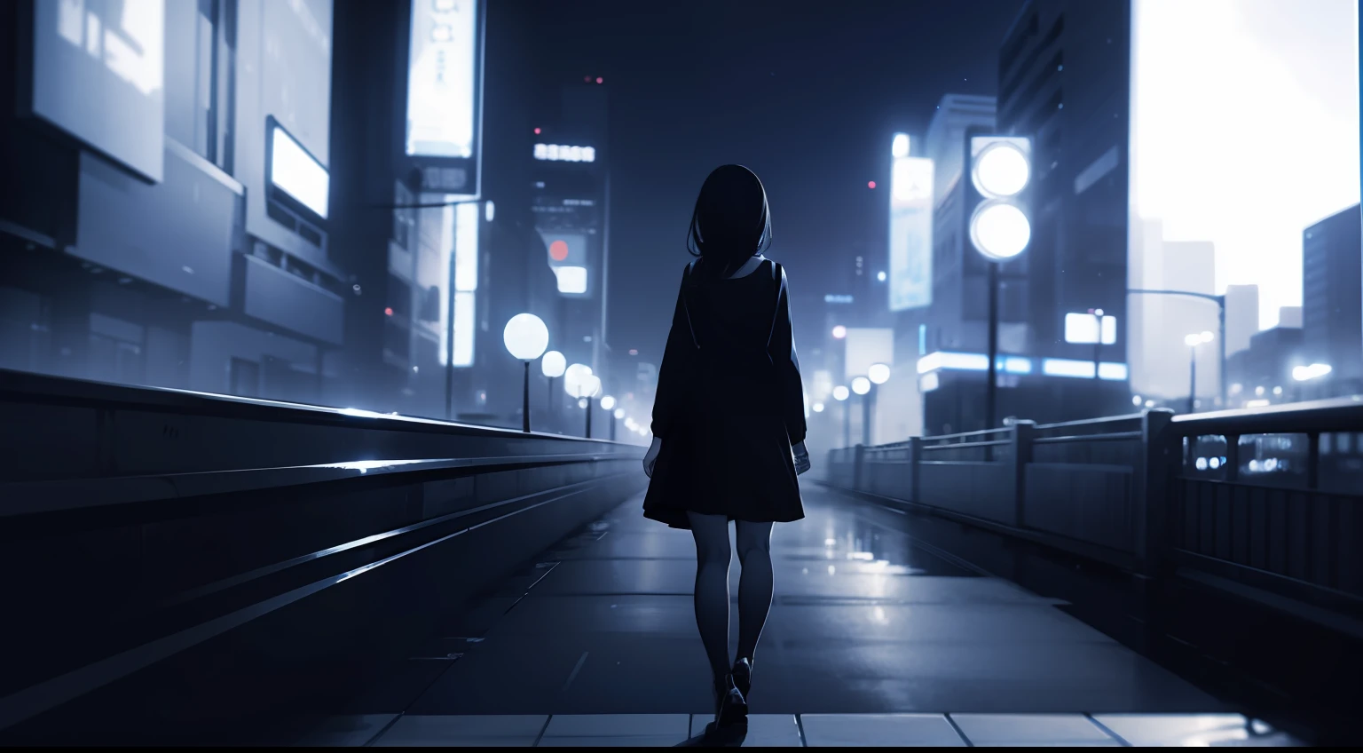 faded tone, night city, monochrome, black, blue, back ground in black, everyday scenary, dress, from side, looking viewer, heavily blurred background,