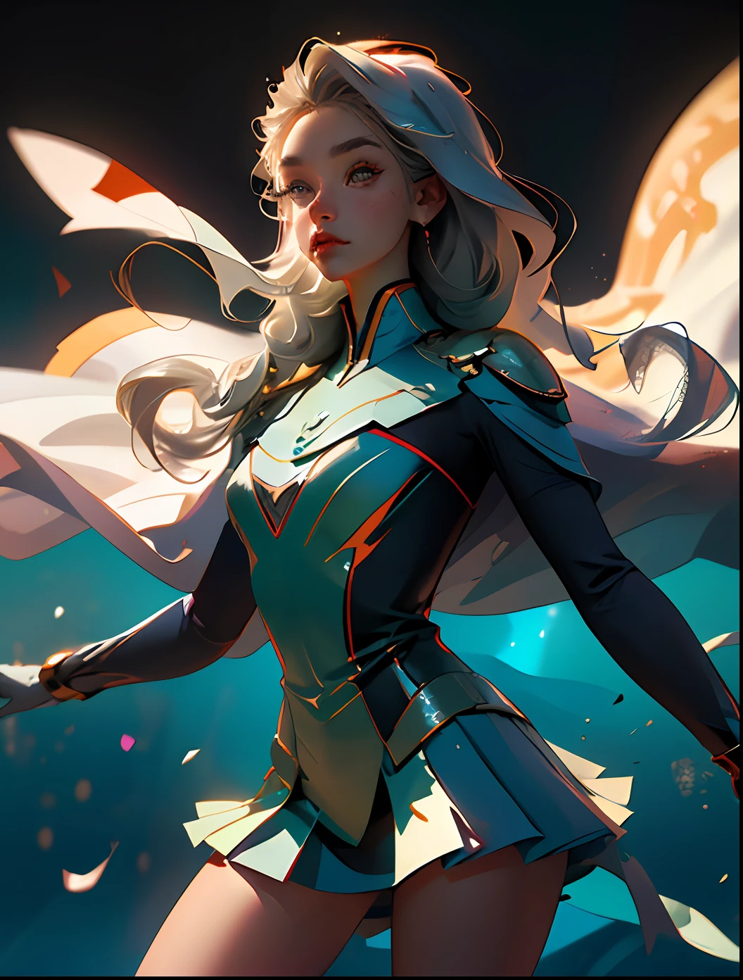 (CG Unity 8K wallpaper in extreme detail，tmasterpiece，Highest image quality)，(Delicate light and shadow，The picture is highly dramatic，Cinematic lens effect)，A female Ultraman dressed in an Ultraman costume，Silver-gray hair color，Female Ultraman dynamic pose from M78 Nebula)，(Exceptional detail，The lighting effect is outstanding，Vista wide angle)，(Excellent rendering，Enough to stand out from the crowd)，The focus is on Ultraman costumes with the devil figure，Complex body textures