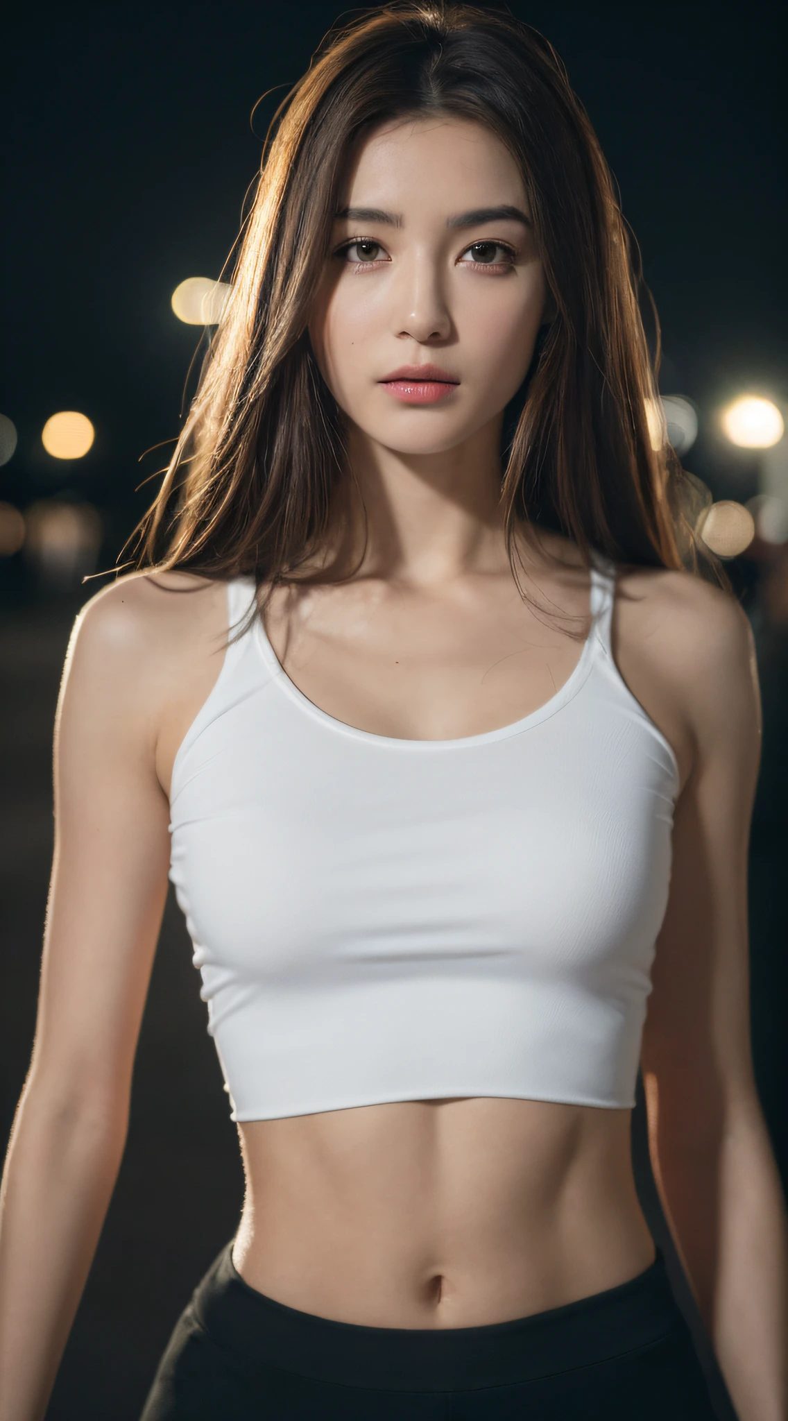 ((Realistic lighting, Best quality, 8K, Masterpiece: 1.3)), Clear focus: 1.2, 1girl, Perfect Figure: 1.4, Slim Abs: 1.1, ((Dark brown hair)), (White crop top: 1.4), (Outdoor, Night: 1.1), City streets, Super fine face, Fine eyes, Double eyelids,