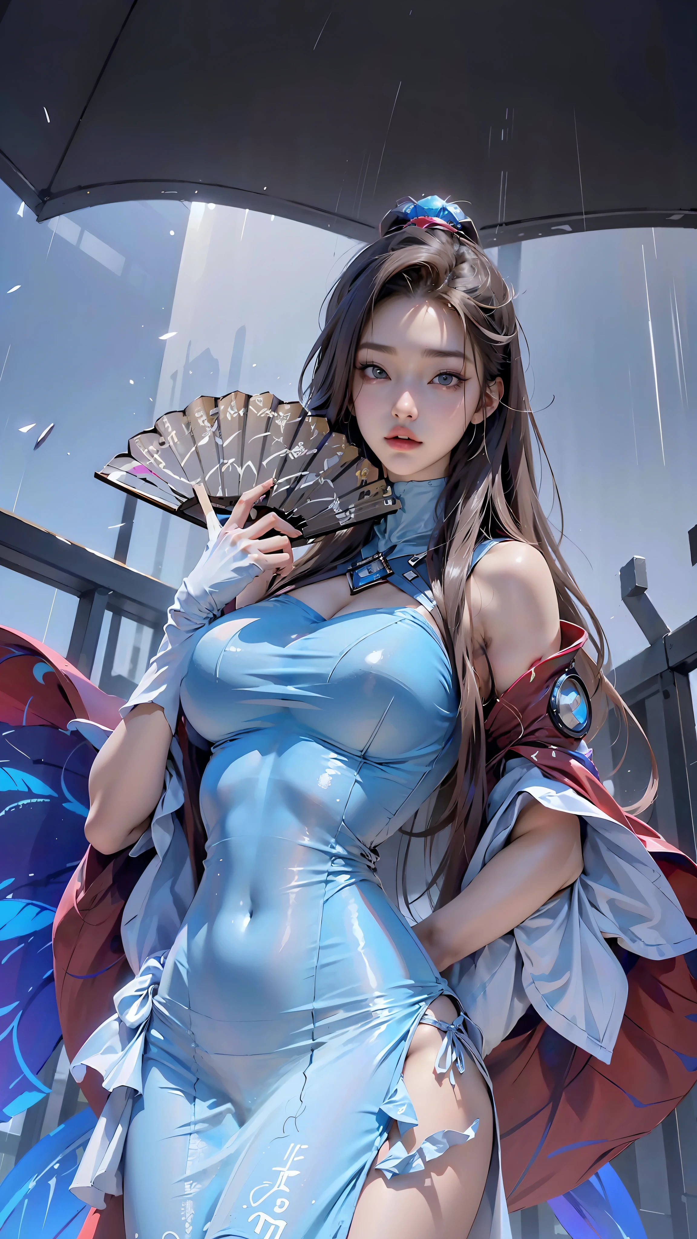 Beautiful cybernetic girl looking at camera underwear detailed muscles realistic masterpiece, camel toe perfect lighting perfect body perfect face realistic facial features breasts heavy, dangling breasts, cleavage, pussyprint, areolas protruding, hentai, sexy pornstar pose,(((hand fan)))