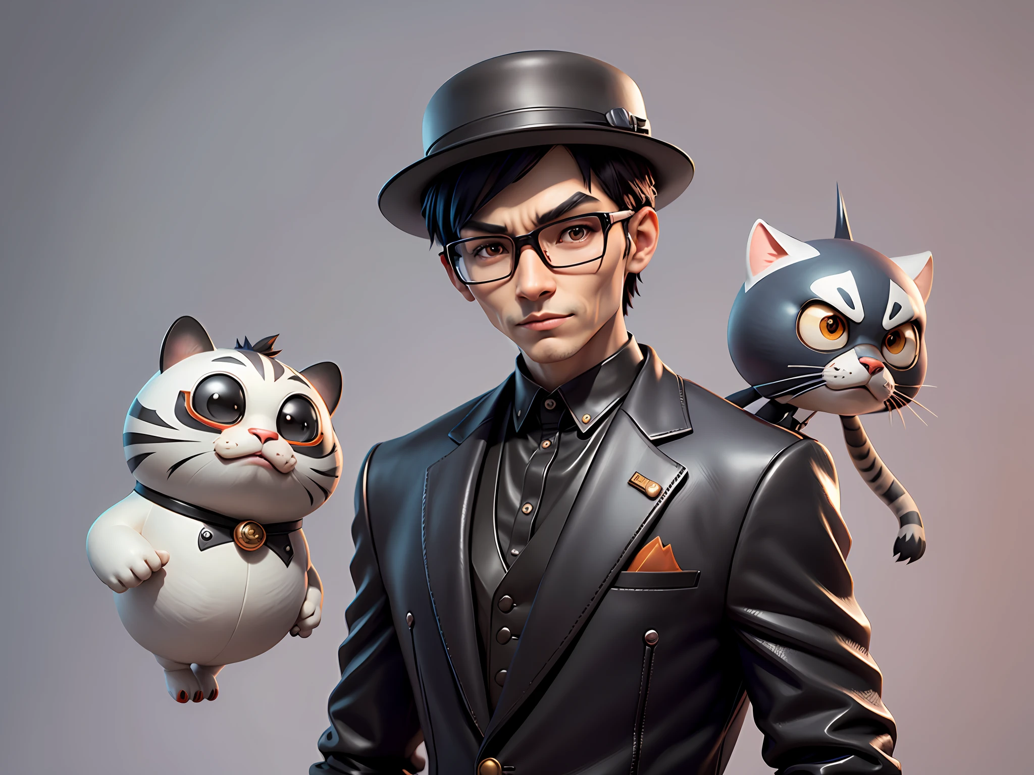 Young man with oriental face in leather hat, tiger, oriental face in formal suit, short black hair, silver glasses, digital painting, 3D character design by Mark Clairedon and Pixar and Hayao Miyazaki and Akira Toriyama, the illustration is a high-definition illustration in 4K resolution with very detailed facial features and cartoon-style visuals.