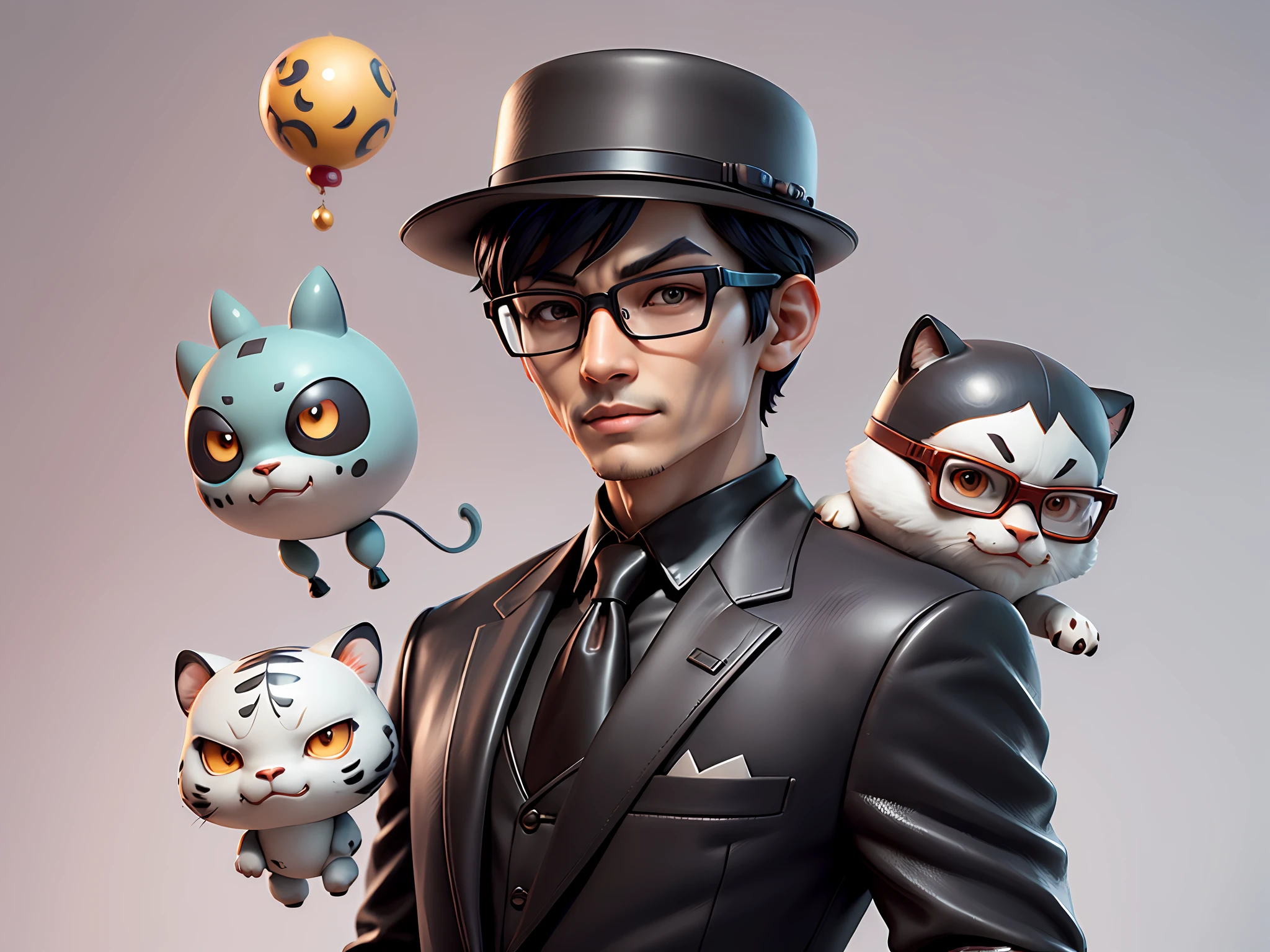 Young man with oriental face in leather hat, tiger, oriental face in formal suit, short black hair, silver glasses, digital painting, 3D character design by Mark Clairedon and Pixar and Hayao Miyazaki and Akira Toriyama, the illustration is a high-definition illustration in 4K resolution with very detailed facial features and cartoon-style visuals.