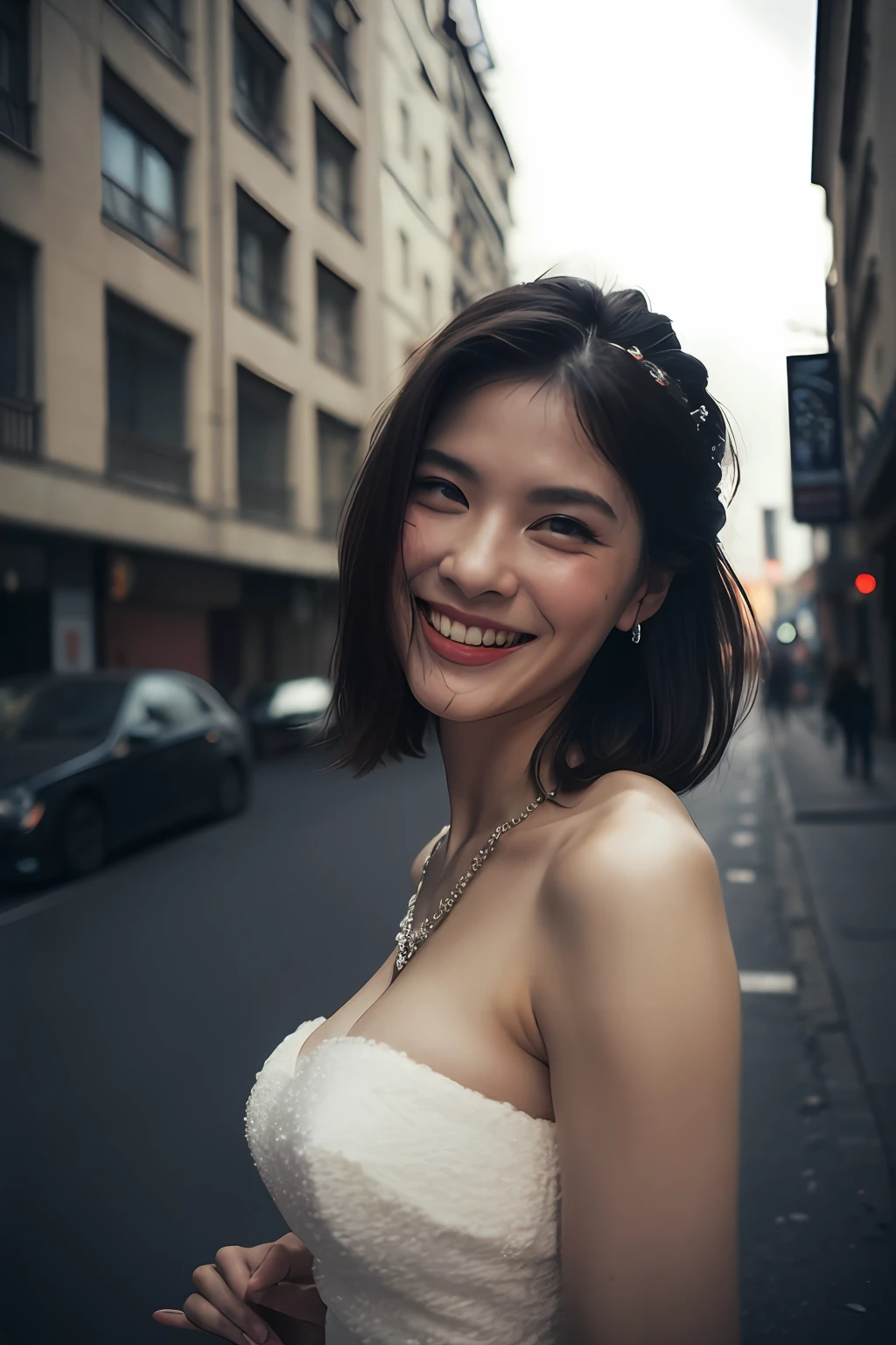 art by David Dubnitskiy , Photo of a large Beautiful Japan idol Woman with sexy wedding dress, smiling, hugging with her boyfriend,Body chain, beauty marks,Paris street, (background inside dark, moody, private study:1.3) , Visual novel, Happy, Hasselblad, telephoto lens, Hypersaturated