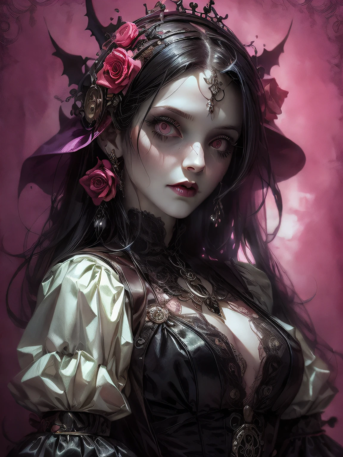 HighestQuali,tmasterpiece:1.2,Detailed details,4k realistic Roman mythology, Kizi, Halloween dress up,Steampunk Gothic Victorian style, deep colour, psychology, surrealism, Sublimation, subconscious, Emotions, enthusiasm, In pink、White and red details, rose flower background