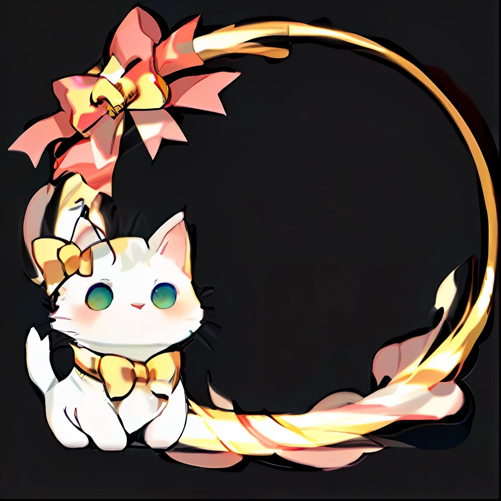 There is a white cat with a bow on its head, Cute cat, ribbon, A pink ribbon is wrapped around a gold ring,Lively dynamics