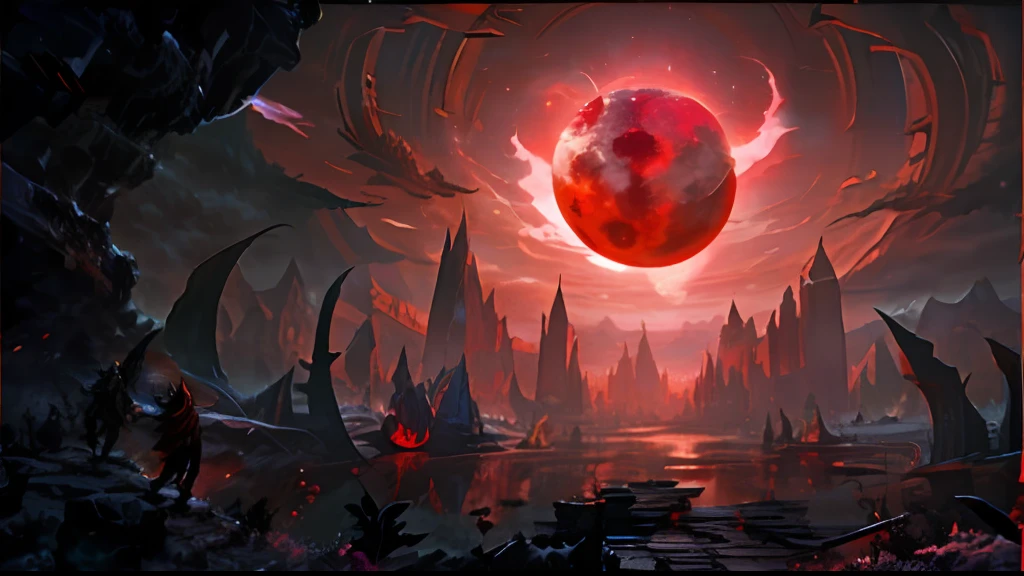 Rocks in the foreground, outer line meteorite, red moon in the middle, celestial burial, lamas, hell, buildings in the shape of vultures, bones scattered on the ground, sharp bones, sky clouds around the moon, horror。 a red and black picture of a giant red ball in a city, blood moon tentacles!!, dramatic concept art, dota! matte painting concept art, matte painting arcane dota pixar, a large sphere of red energy, vortex portal banish the elders, amazing d & d dark sun art, red rising planet, black orb of fire, studying a hell open rift portal