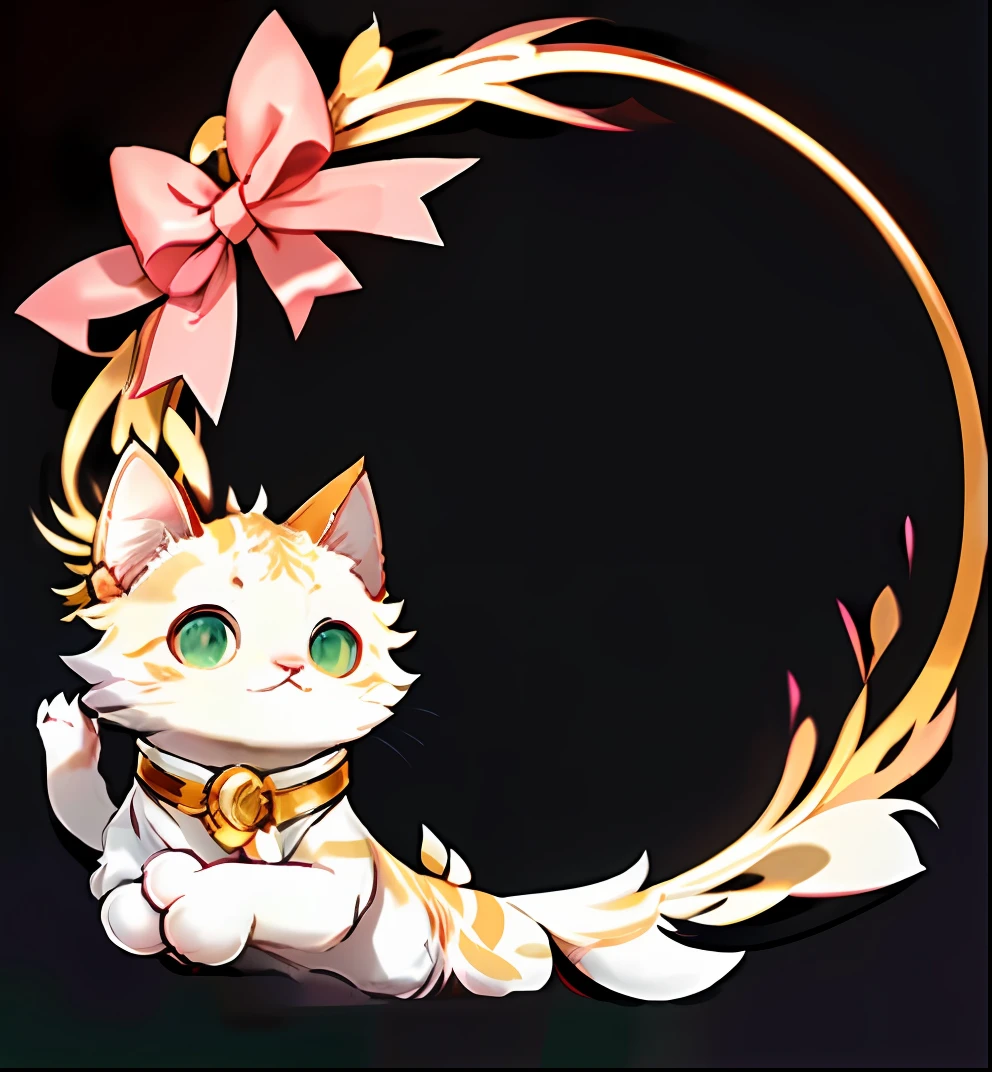 hyper HD,Fine details,There is a white cat with a bow on its head, Cute cat, ribbon, A pink ribbon is wrapped around the gold ring,Lively dynamics