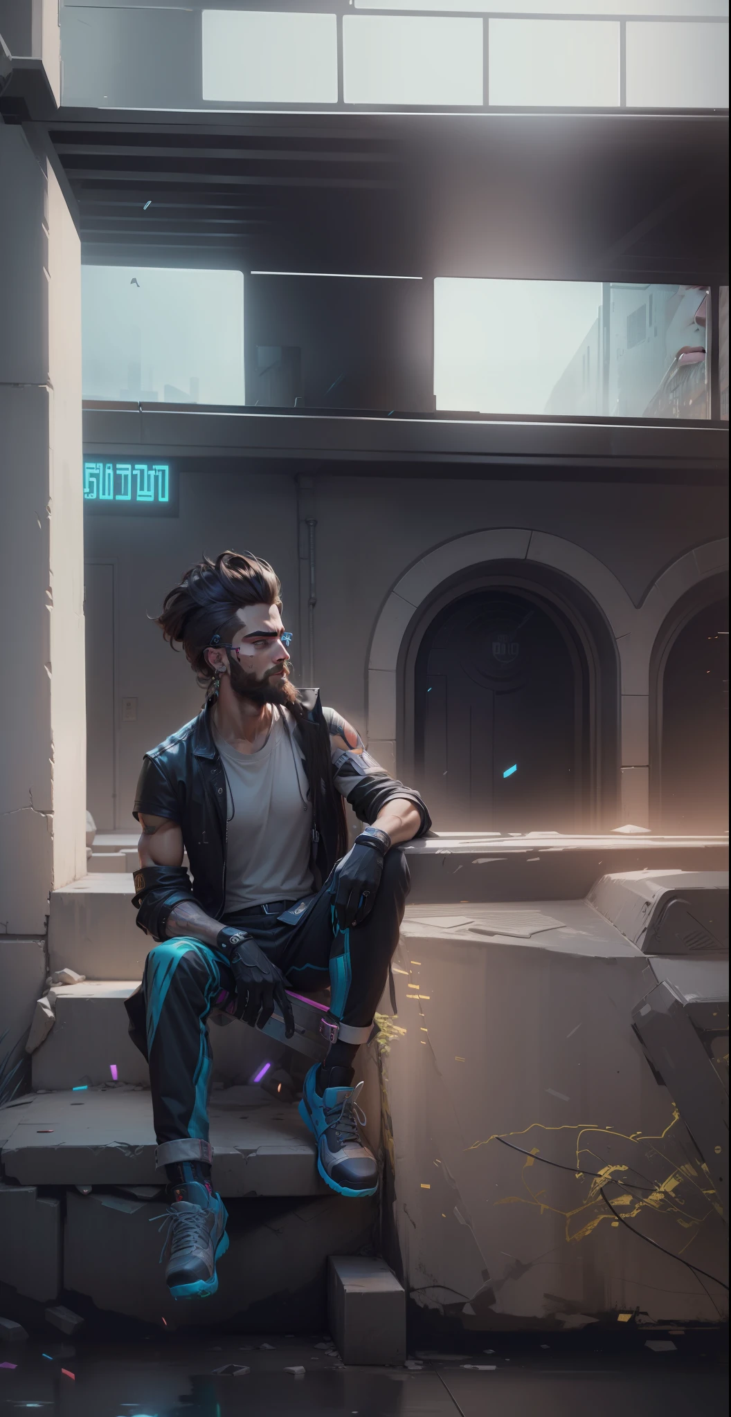 Background change cyberpunk handsome boy, realistic face,8k, high realistic,long hair, beard