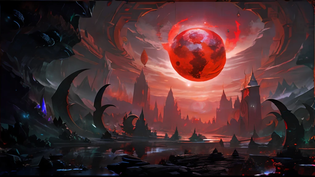 Rocks in the foreground, outer line meteorite, red moon in the middle, celestial burial, lamas, hell, buildings in the shape of vultures, bones scattered on the ground, sharp bones, sky clouds around the moon, horror。 a red and black picture of a giant red ball in a city, blood moon tentacles!!, dramatic concept art, dota! matte painting concept art, matte painting arcane dota pixar, a large sphere of red energy, vortex portal banish the elders, amazing d & d dark sun art, red rising planet, black orb of fire, studying a hell open rift portal
