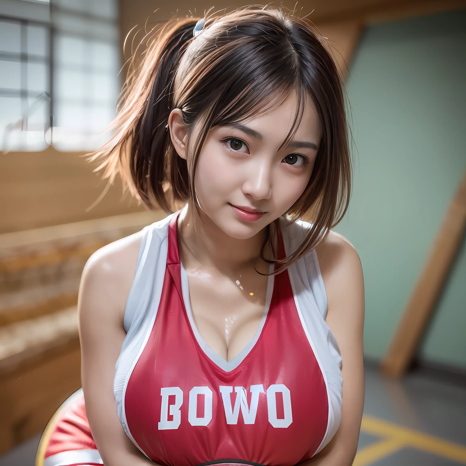 (perfect glossy shiny skins:1.3), ((full body:1.2)|cowboy shot),

(glossy red lips), (1girl),
(8k, RAW photo, best quality, masterpiece:1.2), (realistic, photo-realistic:1.37), (exquisitely detailed), ultra_color, (realistic), high quality, ultra detailed, (Real picture), (realistic skin), (intricate details),

(dramatic_light), (beautiful_detailed_light), lens flare, ultra_color, (shining_particles), (bright_dust_particles),professional lighting, photon mapping, radiosity, physically-based rendering, highres, extremely detailed,cinematic lighting,

(beautiful big eyes),green_eyes, round eyes, pretty face, Blushing face, light smile, high nose bridge, [:(detailed face:1.2):0.2], shiny eyes,
(PureErosFace_V1:0.2), (ulzzang-6500:0.8), (a 30 years old beautiful Japanese woman), (a face of perfect proportion), (high nose),
beautiful composition, (muscle:0.8),dark skin, (cute_belly:1.2), (cleavage:1.5),good hand,

(((playing basketball, red uniform,inside_basketball_field))),(wearing basket_uniform:1.3), (gigantic breasts:1.2),looking at viewer, dynamic pose, neon lights, glow particles,best shadow,  

steaming body, (shiny skin),(smiling:1.1), blush,getting wet, sweaty,  embarrassed