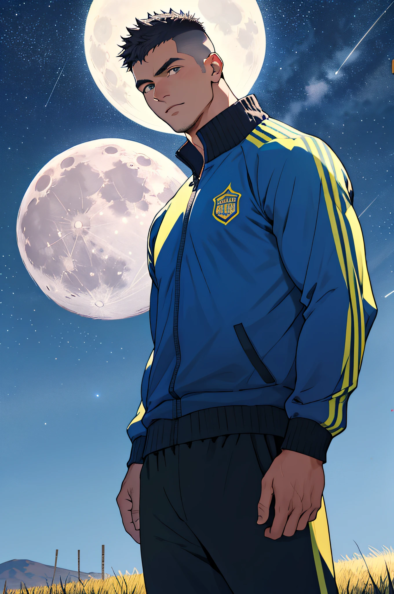 Draw a full-fledged footballer，Standing on the steppe at night，He was wearing a tracksuit，The man looks confident and determined，looking-down，Crew cut，full bodyesbian，Stars dot the sky，shooting from below，Big moon highlights background