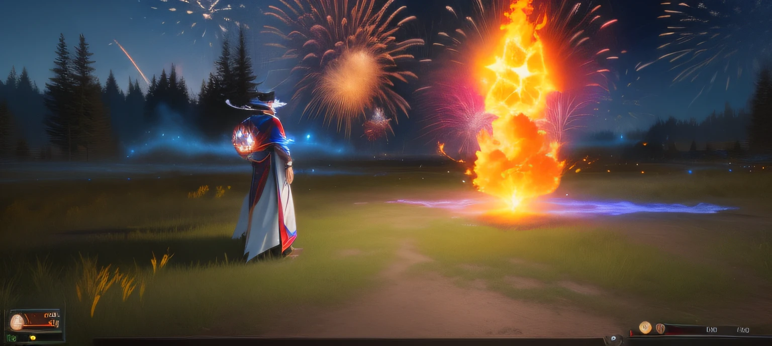 Arakis in the field，Fireworks are set off in the air，the sorceress casting a fireball，a sorcerer casting a fireball，Spelling breaks，gameplay still，Unreal Engine5，Unreal Engine5，game screenshot，fire powers fire swirling，game screenshot，wearing star filled mage robes，unrealengine 4，solar flare unreal engine