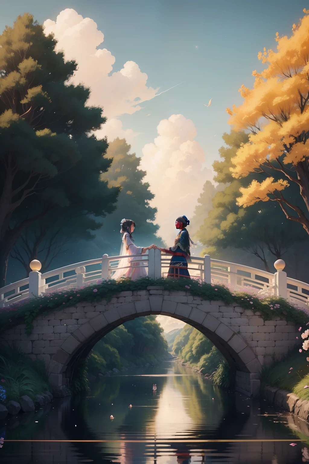 On a sunny day in Tanabata, Clouds fluttering，On the Magpie Bridge，The cowherd and the weaver girl stand opposite each other。Look at each other affectionately。starry sky bright，Quiet by the river，It was as if there were only two of them left in the entire universe。At this moment，A thousand years of waiting turned into a sweet encounter，Love blooms on the night of Tanabata。small person，There are big scene posters，A couple standing on the bridge, Poster illustration, A beautiful artwork illustration, poster for, vibrant tourism poster, lie on white clouds fairyland, Chinese fantasy,  Poster design, illustrated poster,Very dreamy，Horizontal version，Character backs