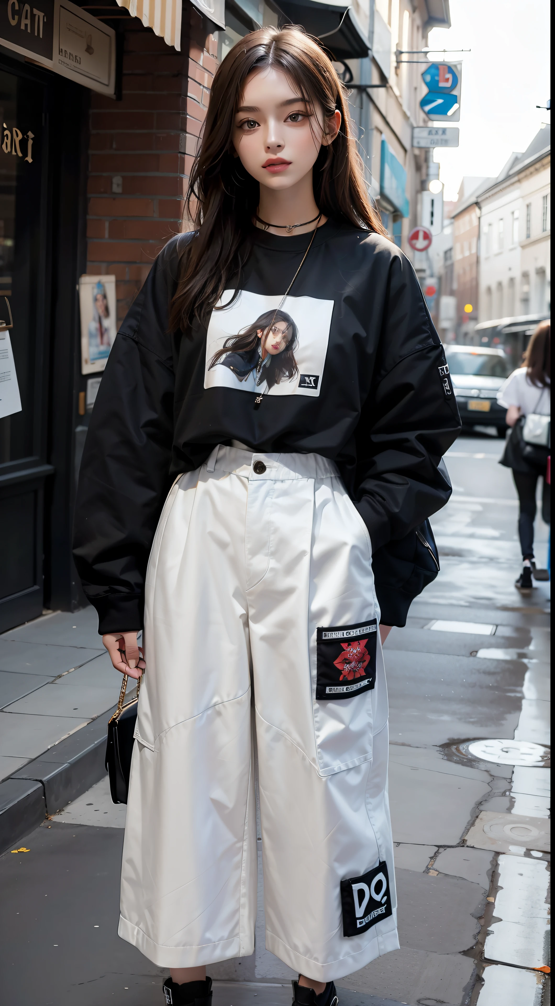 Masterpiece, a realistic beautiful woman wearing streetwear,town