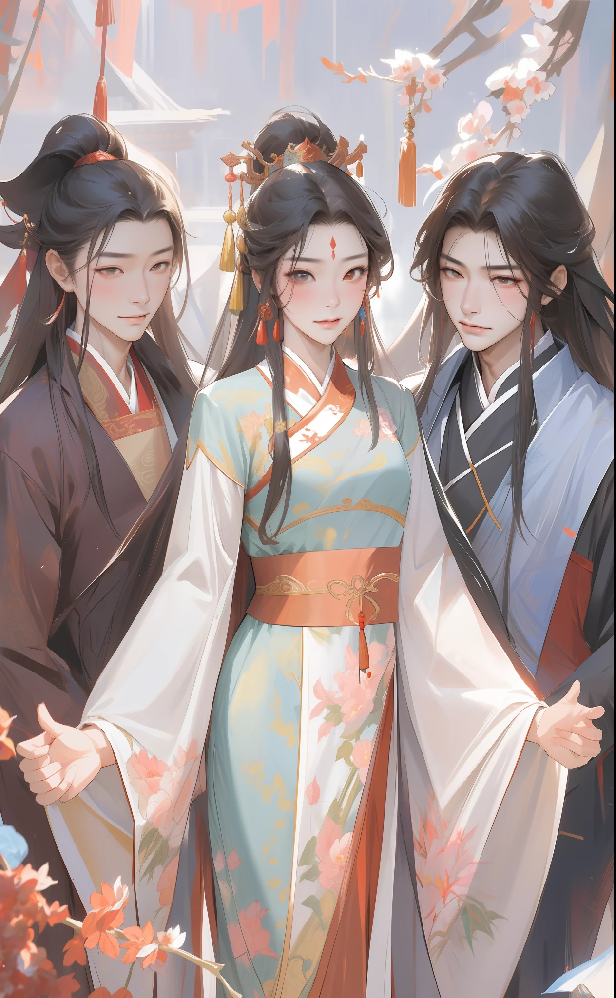 NSFW,tmasterpiece,Need,super-fine,Semi-realistic,2male,Mature male，1womanl,A MILF，Two Asian men dressed in traditional dress stand behind Asian woman in traditional dress, A woman in Hanfu, Two men dressed in Chinese clothing，Meticulous facial features,long whitr hair,Wearing exquisite fairy costumes,Since ancient times, full-body wuxia, Chinese fantasy, xianxia fantasy, Palace