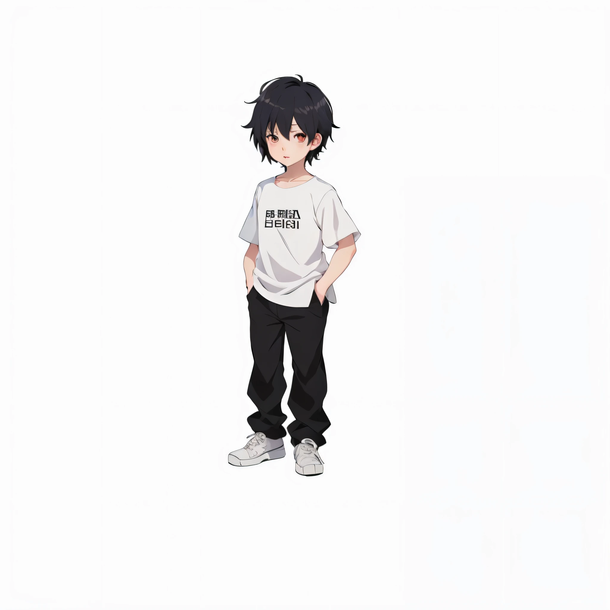 Anime boy in white shirt and black pants standing, Single character full body, Anime boy, anime full body illustration, official character illustration, In anime style, with index finger, offcial art