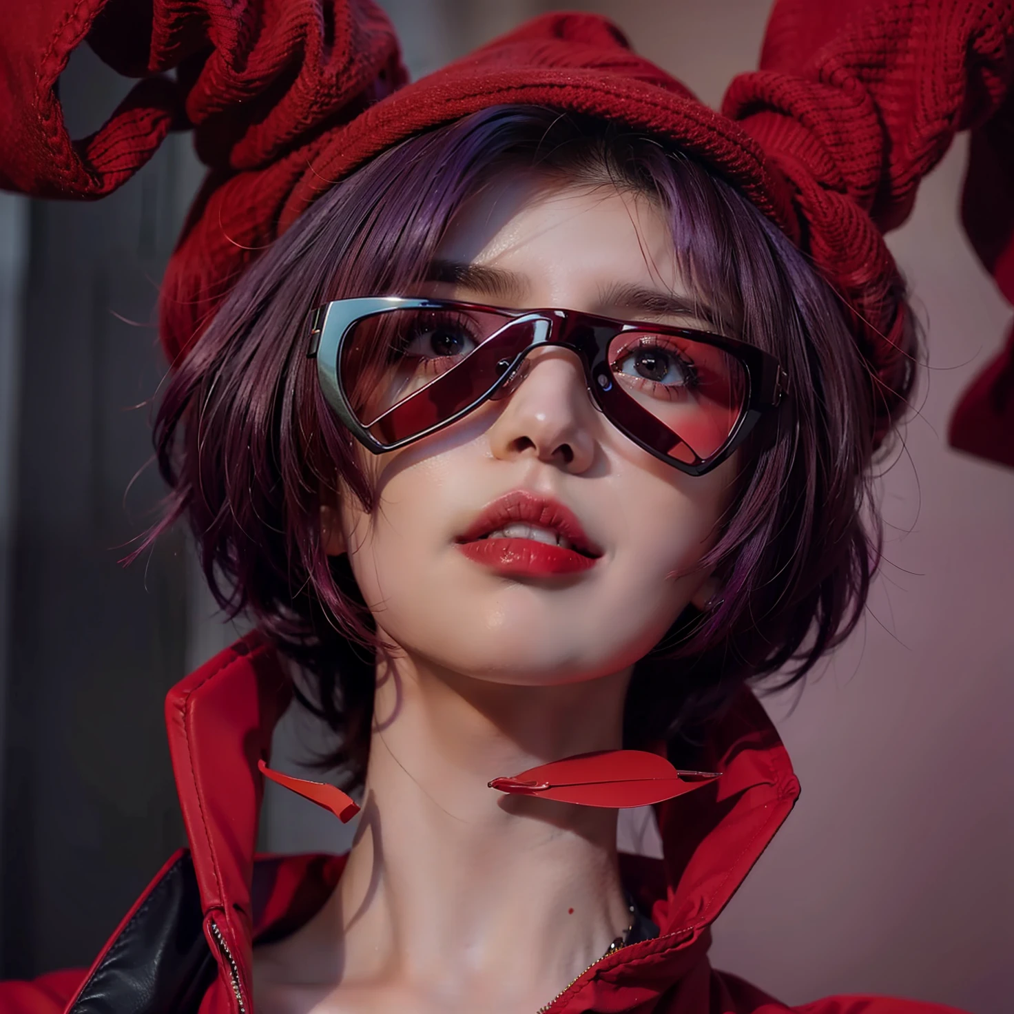 girl,red lens glasses,red cockscomp,purple hair,beatiful women,purple short hair.