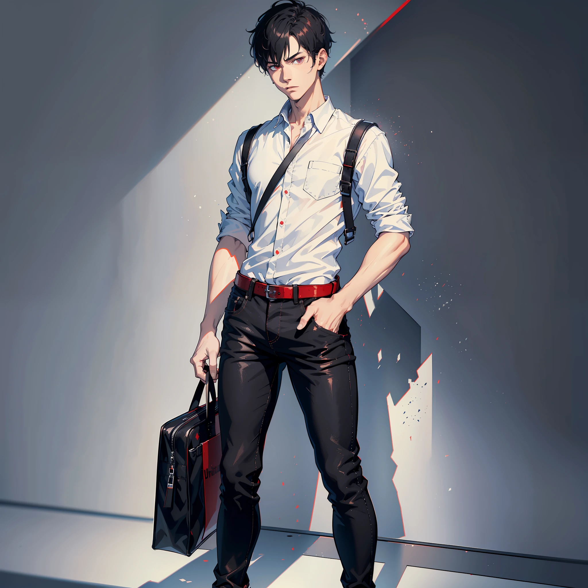 (absurdres, highres, ultra detailed),(Masterpiece, best quality:1.2),1man, wearing baggy black shirt, wearing black jeans,black and red shoes,white short hair,white background,tall, handsome,full body, highest quality digital art, extremely detailed eyes,