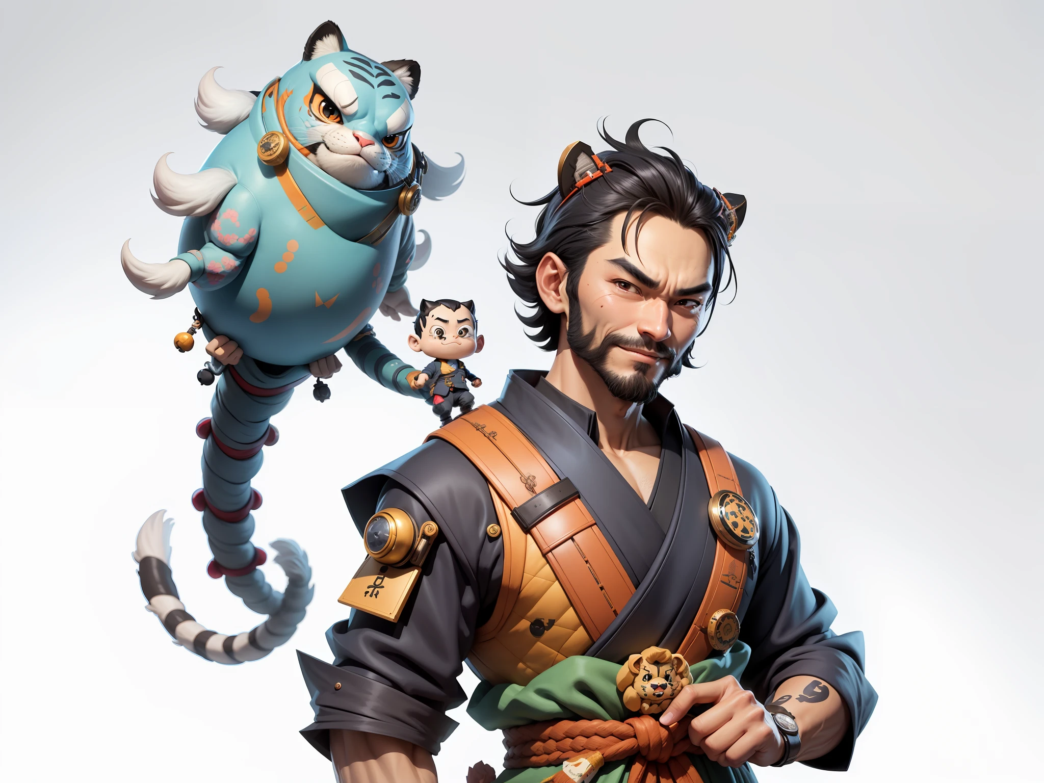 (Daisaku),(Need),(Super meticulous),(full bodyesbian:1.2),Super young man with Japanese geisha,Beautiful,orient,one tiger,Aeolian Thor,Raised sexy,爆乳,Oriental face,TV Anchor,Bust portrait illustration,In black suit,a blue tie,The face is slightly chubby,The face was clean,without a beard,Black super short hair,Black eyes,Smile confidently,3C computer sub-products,iPad, iphone,Digital painting,3D character design by Mark Clairen and Pixar and Hayao Miyazaki and Akira Toriyama,The illustration is a high-definition illustration in 4K resolution,With very detailed facial features and cartoon-style visuals。