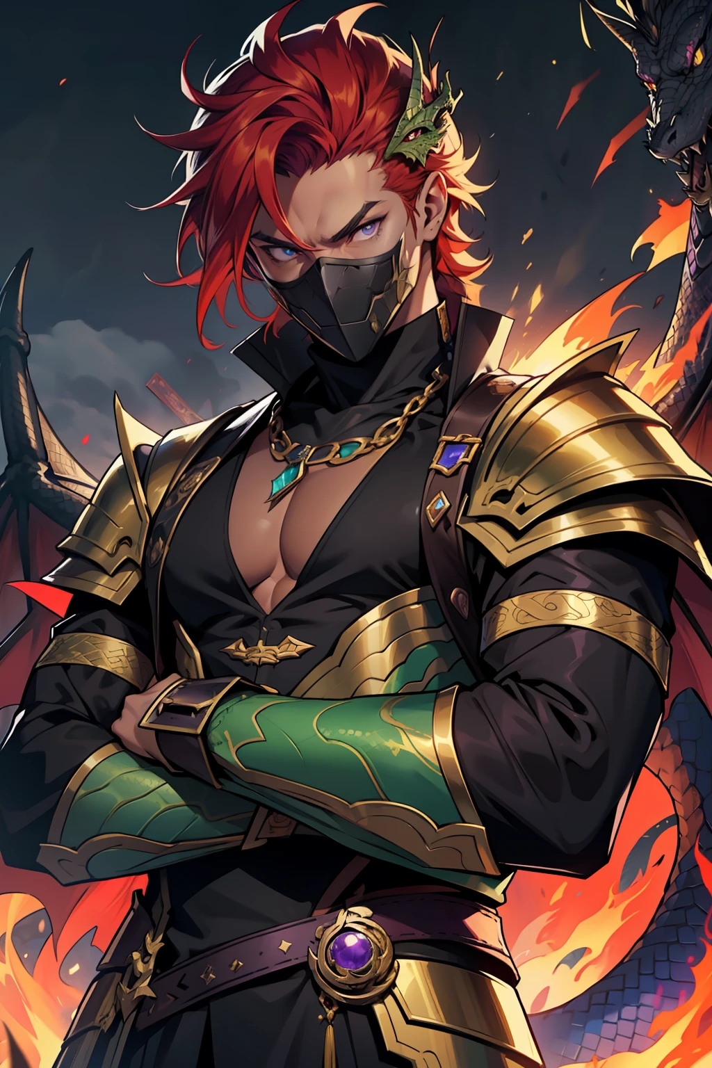 The facial features are clear and three-dimensional,Masterpiece,Highest quality,Dragon Man,flaming hair,Western Dragon,deep black skin,Golden pupils,Snake-like eyes,Black-purple scales,Dragon Knight,Highly toxic,Green venom,Armor dress with purple scales,depth of fields,Half of his face wears a dragon mask,There is a pair of dragon wings on the back,Dragon wings