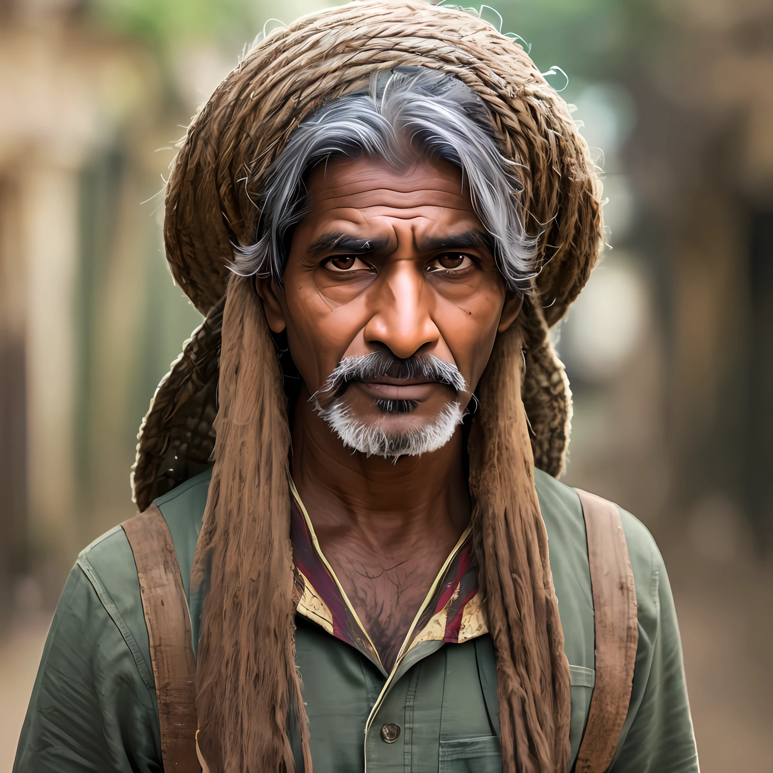 Indian looking at the camera with a brave and curious expression, locais assombrados ao fundo ((roupas casuais - branco: 1.5)), aventureiro, 6D Camera, octanagem render, creepy aesthetic, ghosty aura, Atmosfera misteriosa, rosto detalhado, Aura Explorador, Facing the camera squarely, Homem indiano, cabelo baleado, com pelos negros faciais, homem de 45 anos --auto --s2