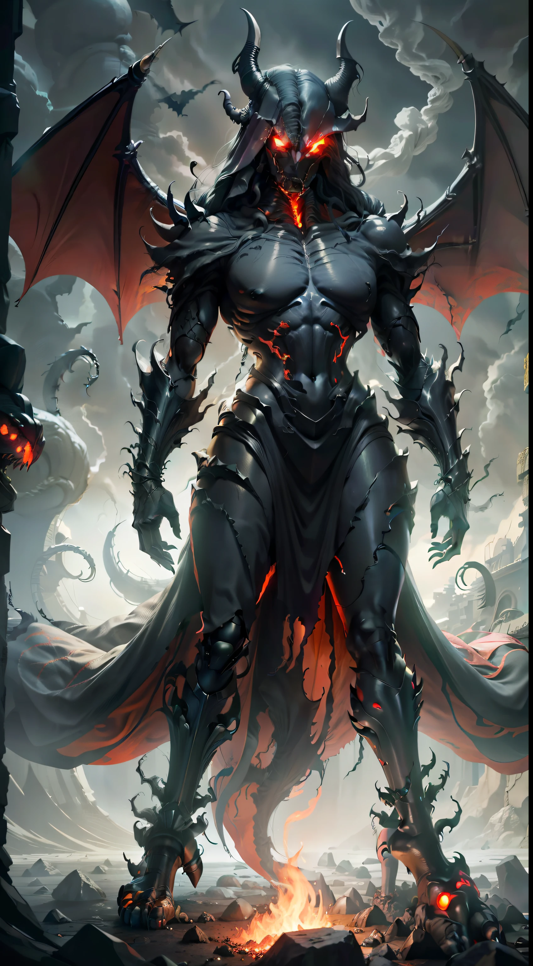 Generate an image of an 8-foot tall humanoid creature, with obsidian black skin, a single glowing red eye in the center of its face, a mane of writhing shadow tendrils, long skeletal limbs ending in clawed hands and feet wreathed in shadowy smoke, and large, jagged, bat-like metallic wings unfurling from its back