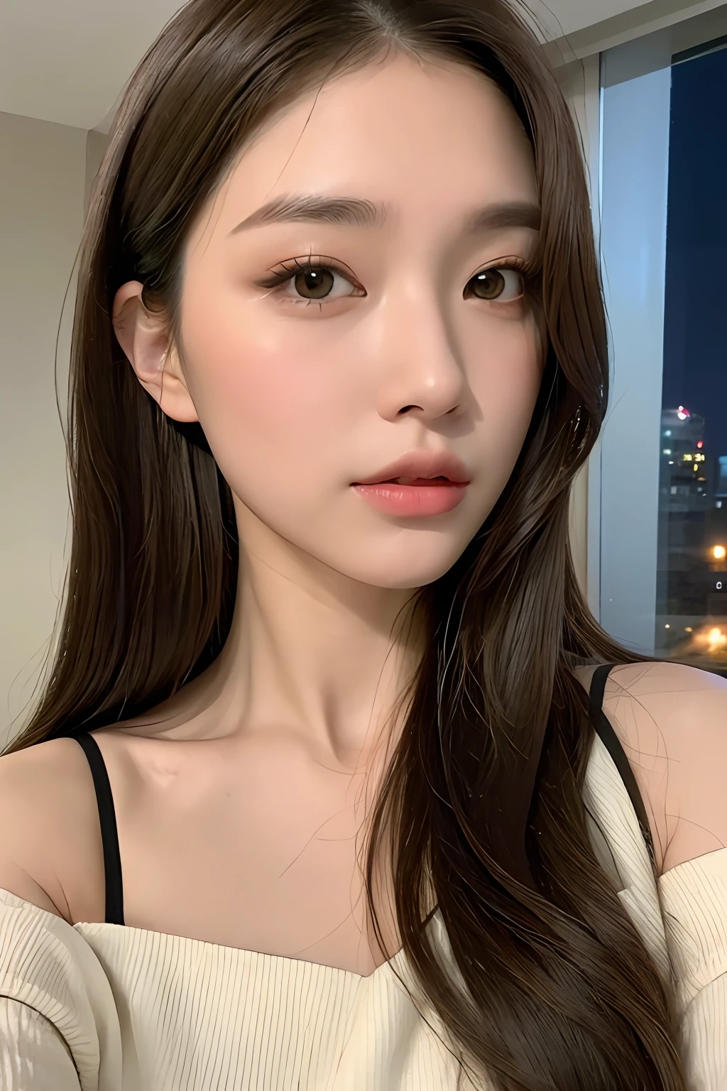 （（nighttime scene，逼真光线，best qualtiy，8K，tmasterpiece：1.3）），1girll，Beautiful woman with plump body：1.4，（brown  hair，mediuml breasts：1.3），Off-the-shoulder cut top：1.3，sofe，Super detailed face，Detailed eyes，二重まぶた