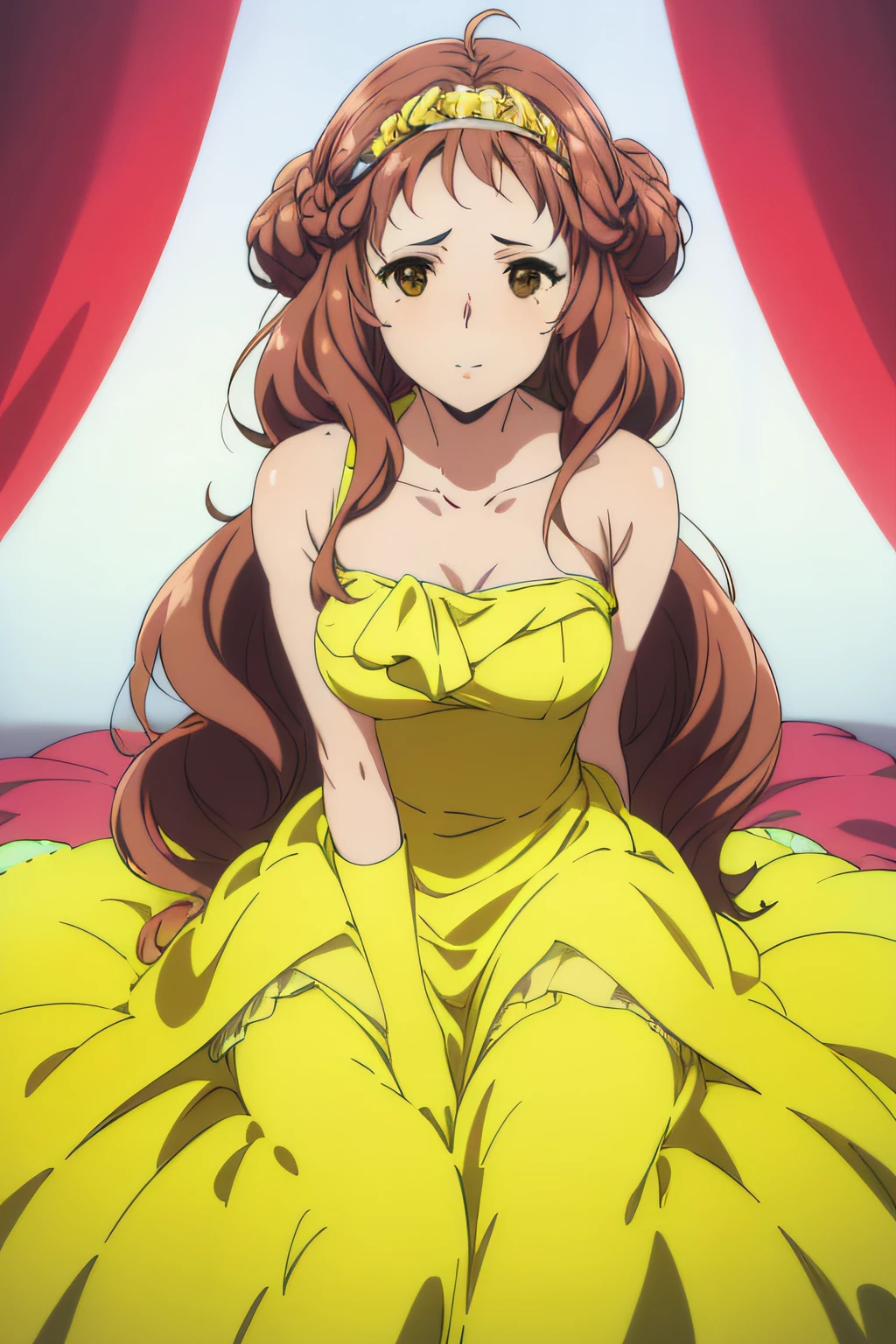 (((Best quality))), ((Ultra-detailed)), ((illustration)), ((Disheveled hair)), ((frilld)), (1 girl), (Solo),Yellow dress,The body faces the viewer,full bodyesbian,Sat down,