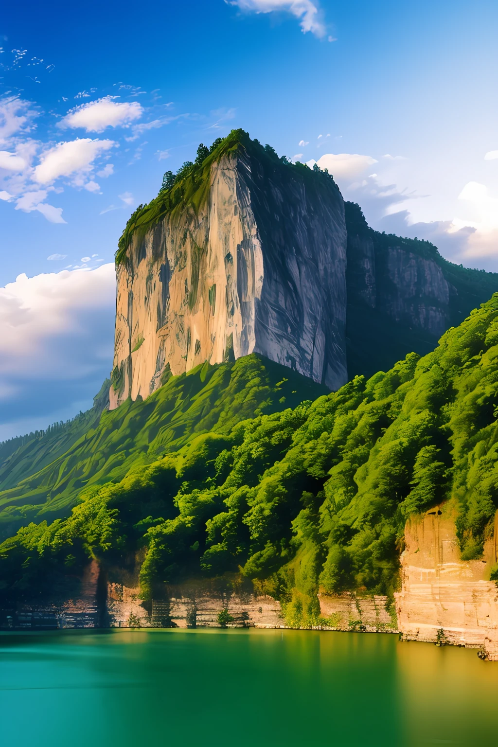 Masterpiece, ultimate quality, Cg unity 8k wallpaper, super delicate, beautiful sky and clouds, rich natural scenery, cliffs, lakes and rivers, waterfalls and flying water, beautiful green mountains, no trace of people, excellent scenery, has already won a photo contest, background Blurring, full depth of field, HDR high dynamics, true restoration, intricate, extreme details, dramatic presentation, perfectly presenting the style of midjourney art.