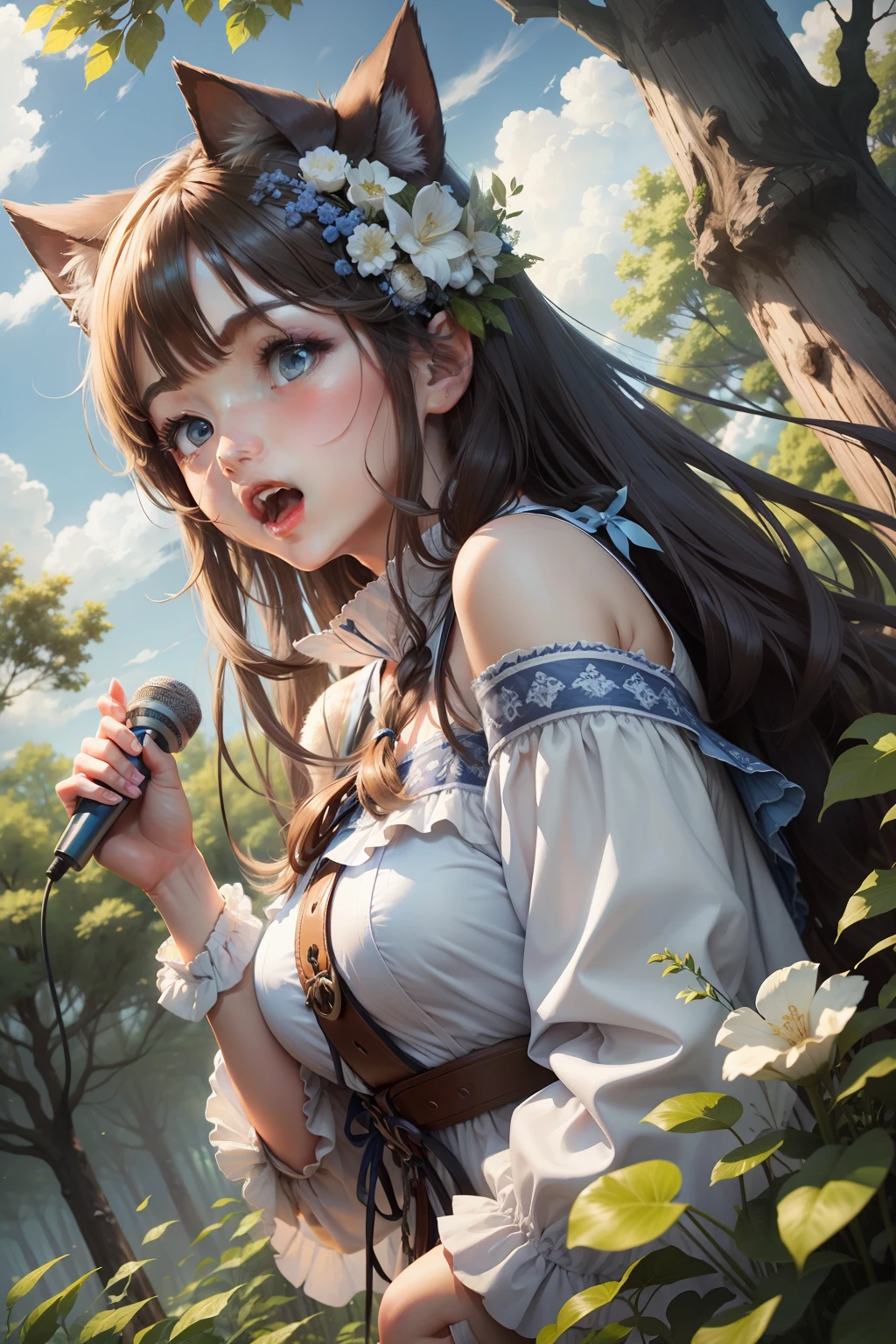 with blue sky and white clouds,ln the forest,There is one girl,Sing